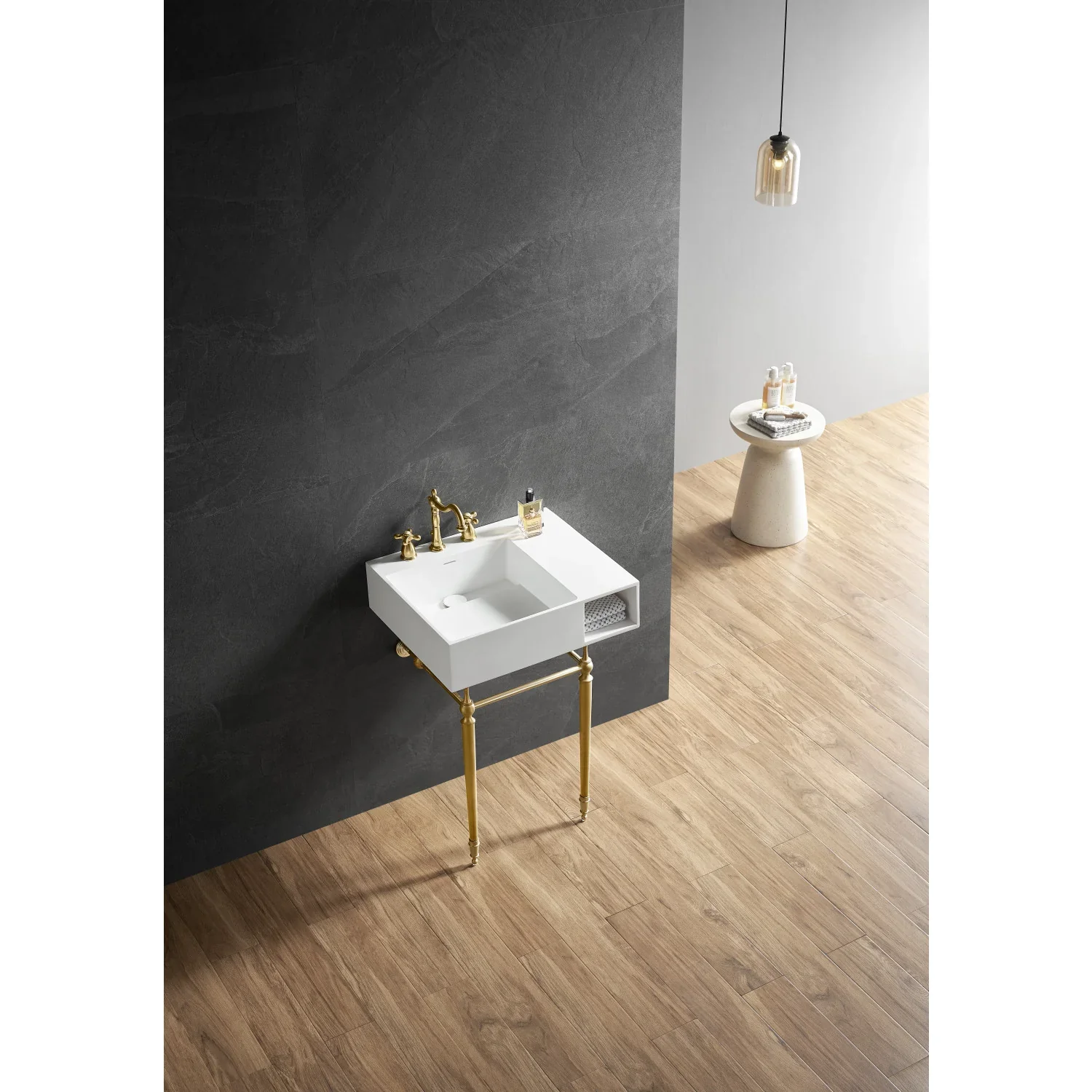 Kingston Brass Aurelius 24" Solid Surface Console Sink with Brass Legs (8-Inch, 3-Hole), Matte White/Brushed Brass (KVPB3248SQA7) - Image 4