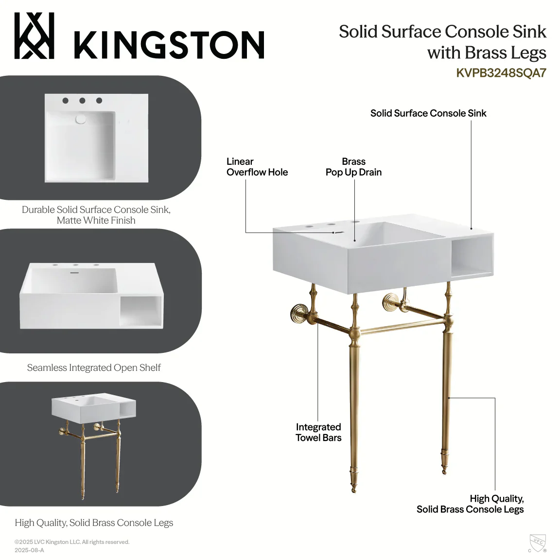 Kingston Brass Aurelius 24" Solid Surface Console Sink with Brass Legs (8-Inch, 3-Hole), Matte White/Matte Black (KVPB3248SQA0) - Image 6