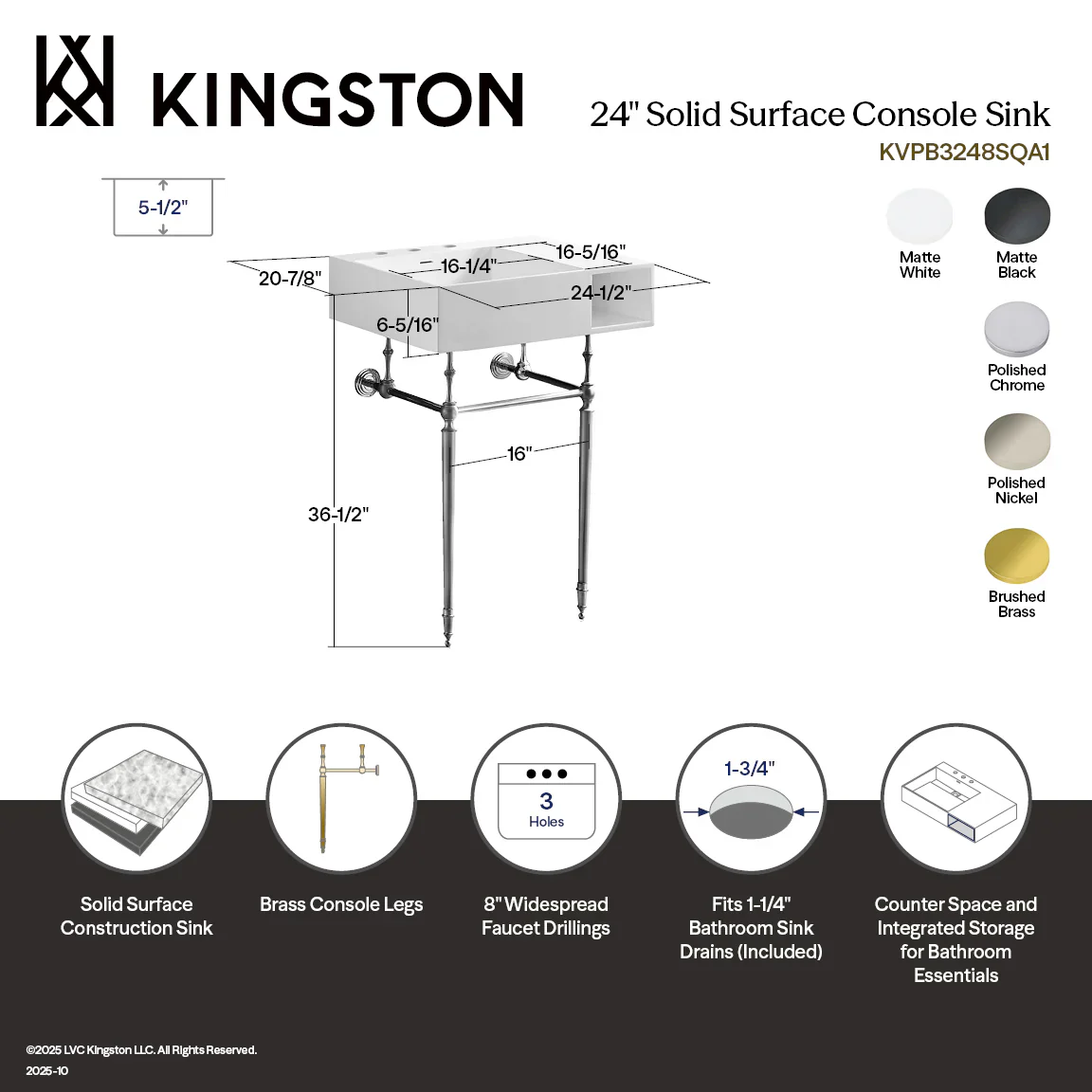 Kingston Brass Aurelius 24" Solid Surface Console Sink with Brass Legs (8-Inch, 3-Hole), Matte White/Matte Black (KVPB3248SQA0) - Image 5