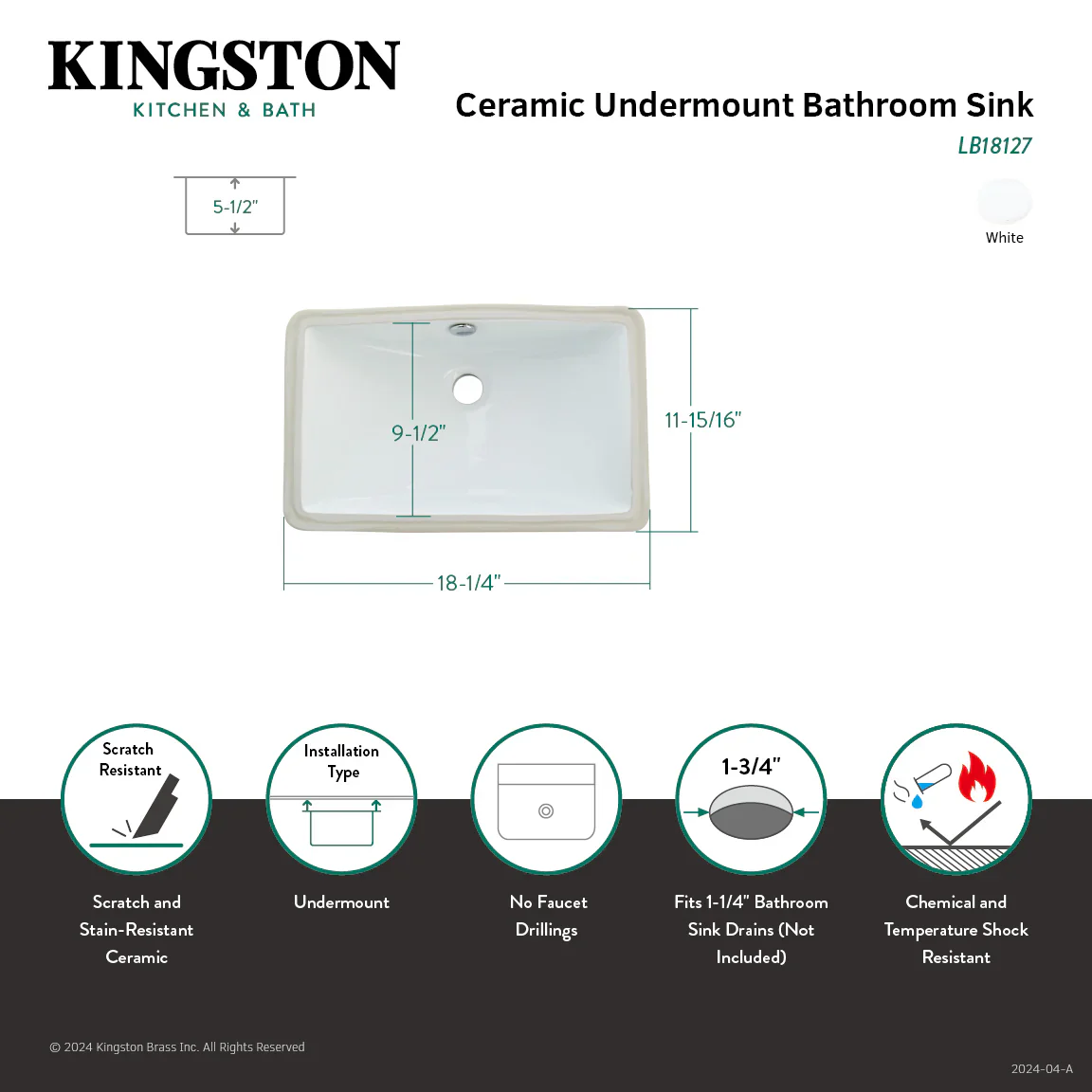 Kingston Brass Courtyard 18-1/4" Ceramic Rectangular Undermount Bathroom Sink, White (LB18127) - Image 3