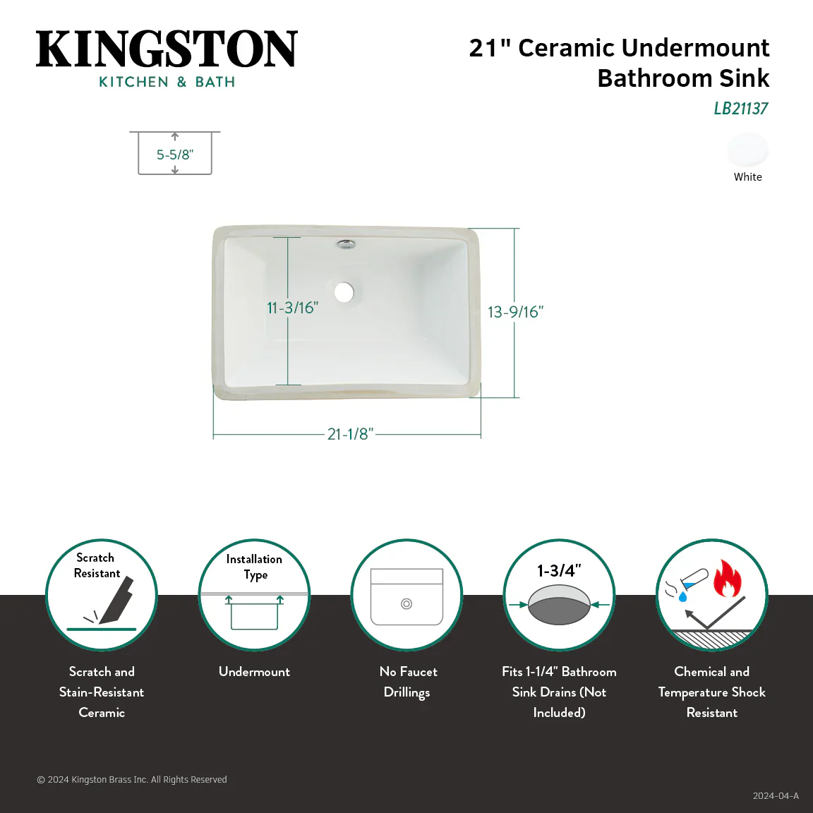 Kingston Brass Castillo 21-1/8" Ceramic Rectangular Undermount Bathroom Sink, White (LB21137) - Image 3