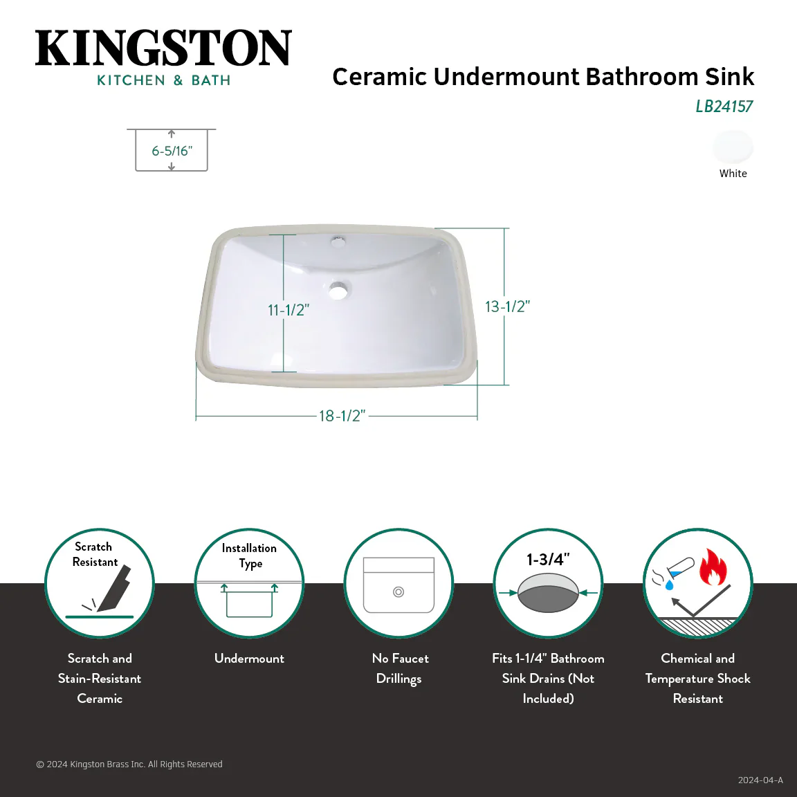 Kingston Brass Forum 16-9/16" Ceramic Rectangular Undermount Bathroom Sink, White (LB24157) - Image 4