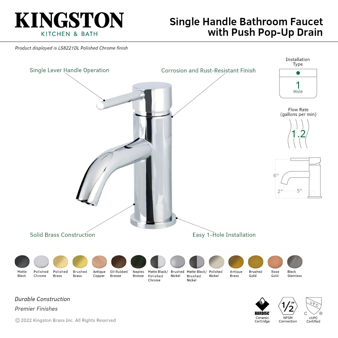 Kingston Brass Concord One-Handle Single-Hole Bathroom Faucet with Push Pop-Up Drain, Matte Black (LS8220DL) - Image 9