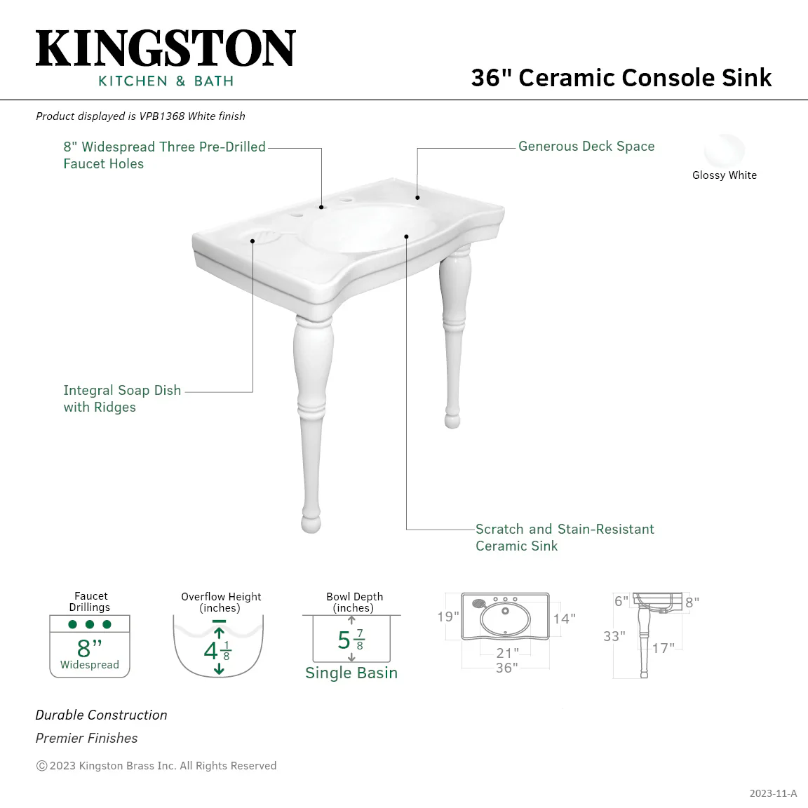 Kingston Brass Imperial 36" Ceramic Console Sink and Legs (8-Inch, 3-Hole), White (VPB1368) - Image 9