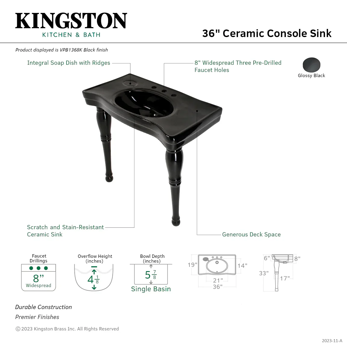 Kingston Brass Imperial 36" Ceramic Console Sink and Legs (8-Inch, 3-Hole), Black (VPB1368K) - Image 2