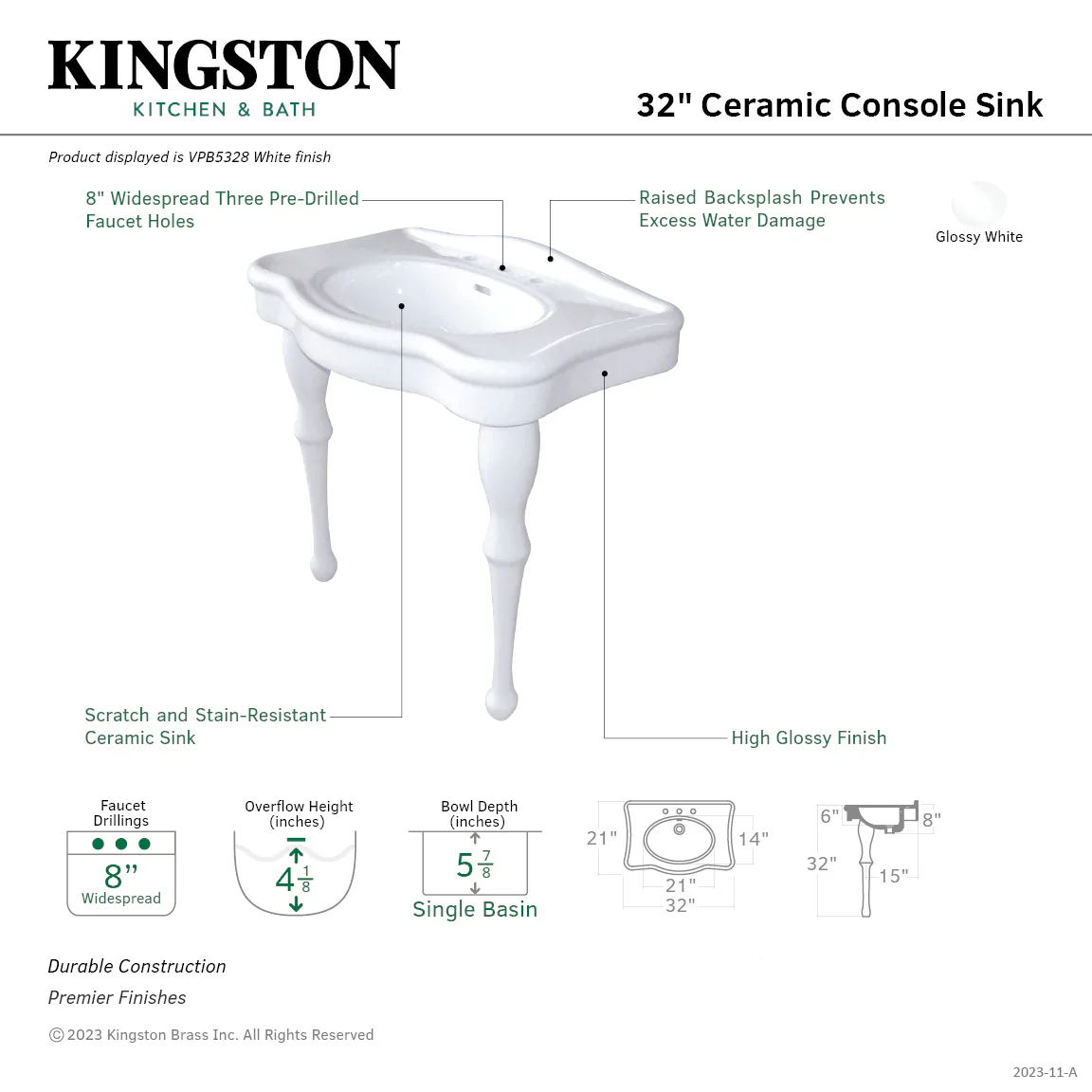 Kingston Brass Imperial 32" Ceramic Console Sink with Ceramic Legs (8-Inch, 3-Hole), White (VPB5328) - Image 7