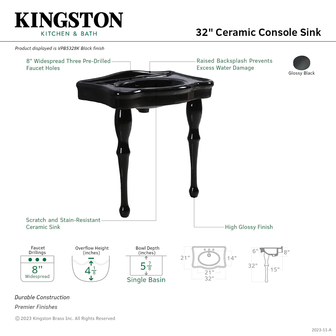 Kingston Brass Imperial 32" Ceramic Console Sink with Ceramic Legs (8-Inch, 3-Hole), Black (VPB5328K) - Image 2