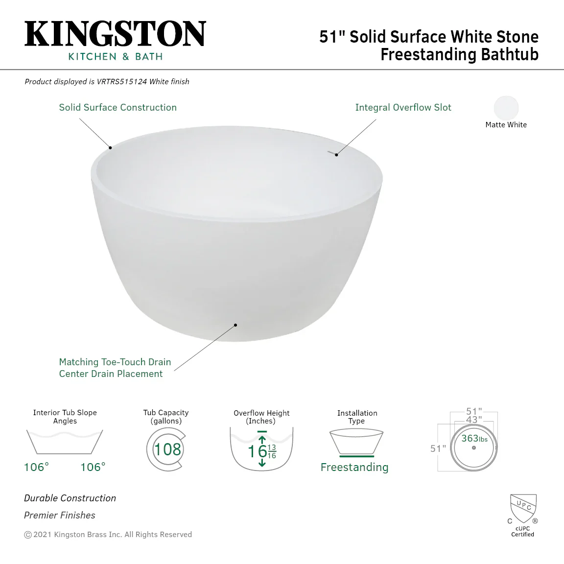 Kingston Brass 51" Solid Surface Round Double Ended Freestanding Tub with Drain, Matte White (VRTRS515124) - Image 3