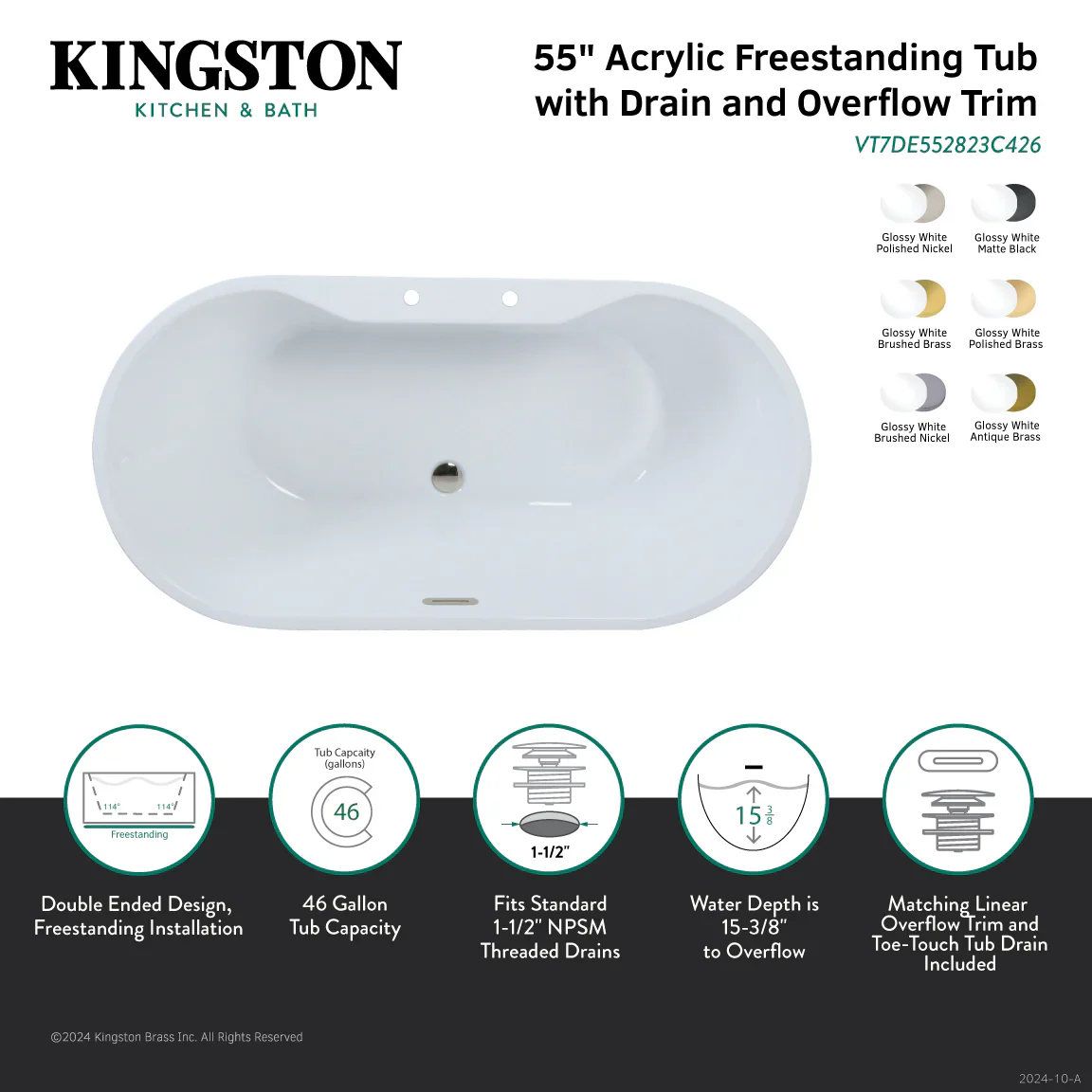 Kingston Brass 55" Acrylic Oval Double Ended Freestanding Tub with Drain, Glossy White/Polished Nickel (VT7DE552823C426) - Image 5