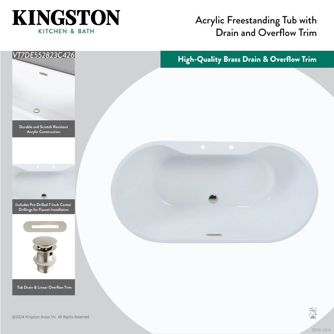 Kingston Brass 55" Acrylic Oval Double Ended Freestanding Tub with Drain, Glossy White/Polished Nickel (VT7DE552823C426) - Image 6