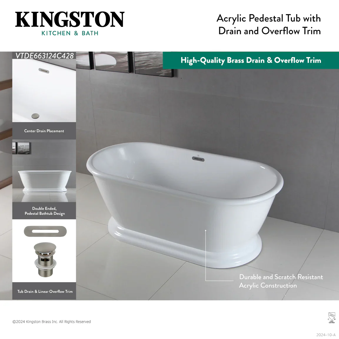 Kingston Brass 66" Acrylic Oval Double Ended Pedestal Tub with Drain (No Faucet Drillings), Glossy White/Polished Brass (VTDE663124C422) - Image 6