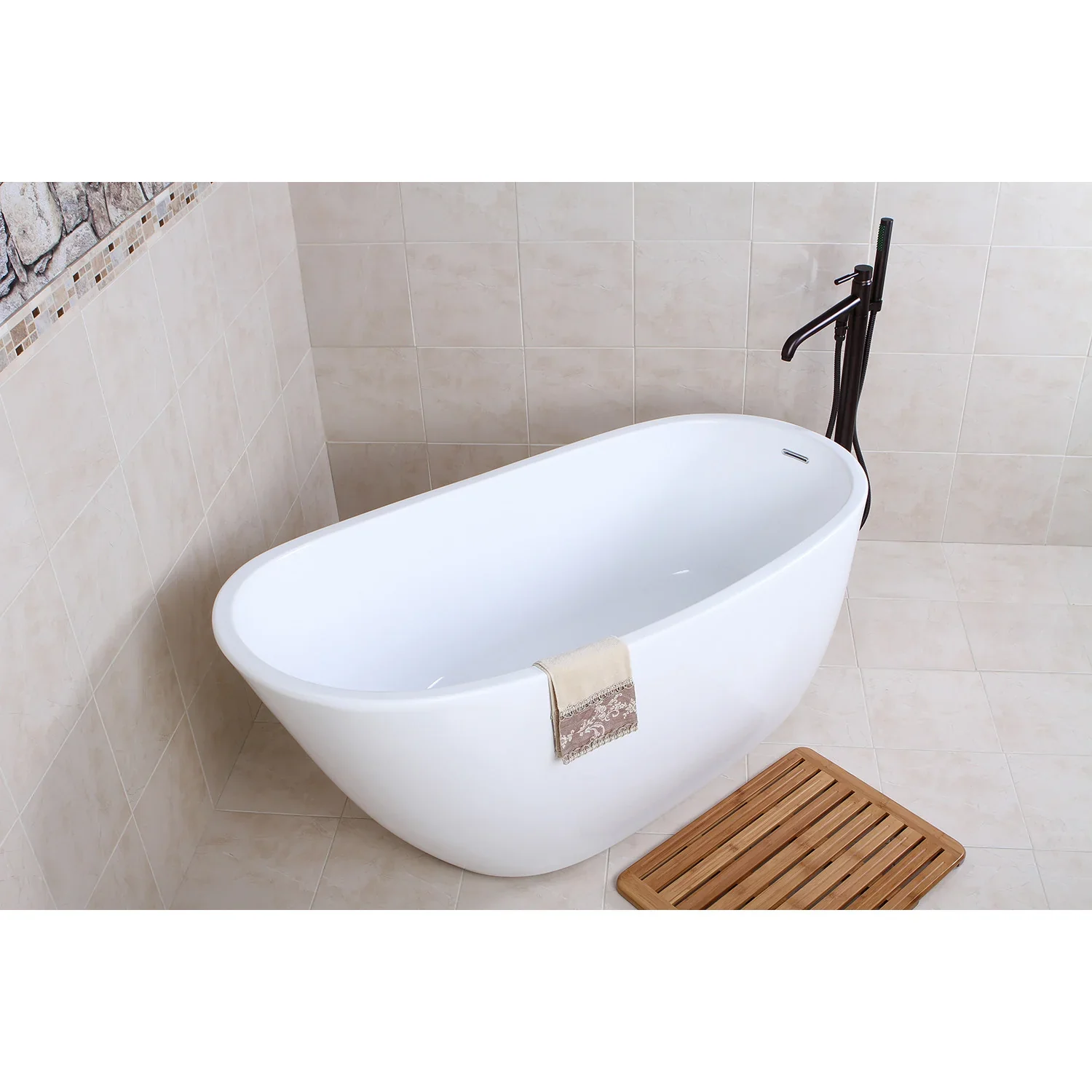 Kingston Brass 59" Acrylic Oval Single Slipper Freestanding Tub with Drain, Glossy White (VTRS592928) - Image 7