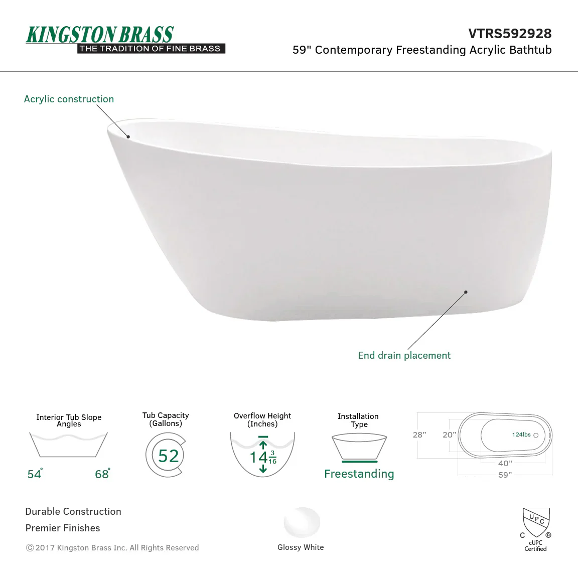 Kingston Brass 59" Acrylic Oval Single Slipper Freestanding Tub with Drain, Glossy White (VTRS592928) - Image 9