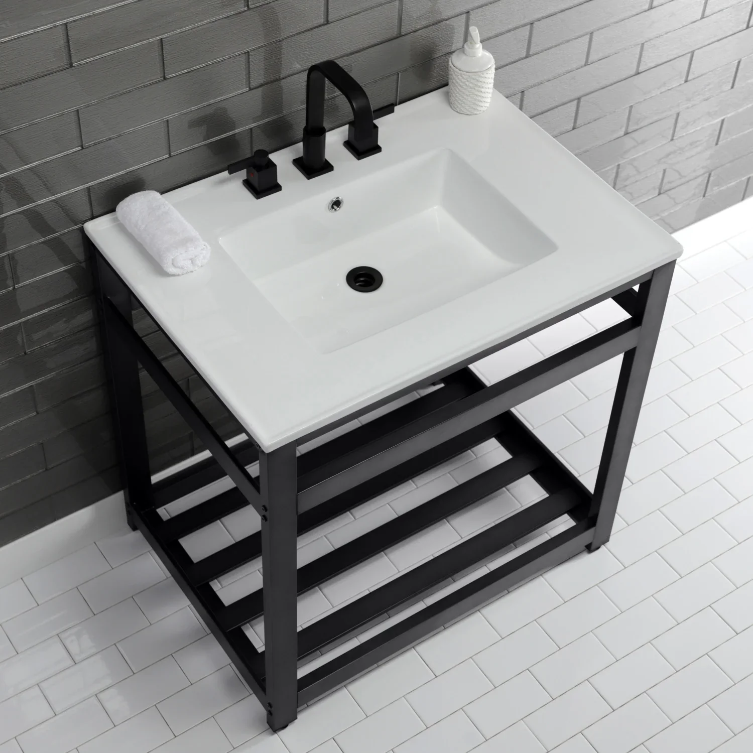 Kingston Brass Quadras 31" Ceramic Console Sink with Steel Base and Shelf (8-Inch, 3-Hole), White/Matte Black (VWP3122W8A0) - Image 3