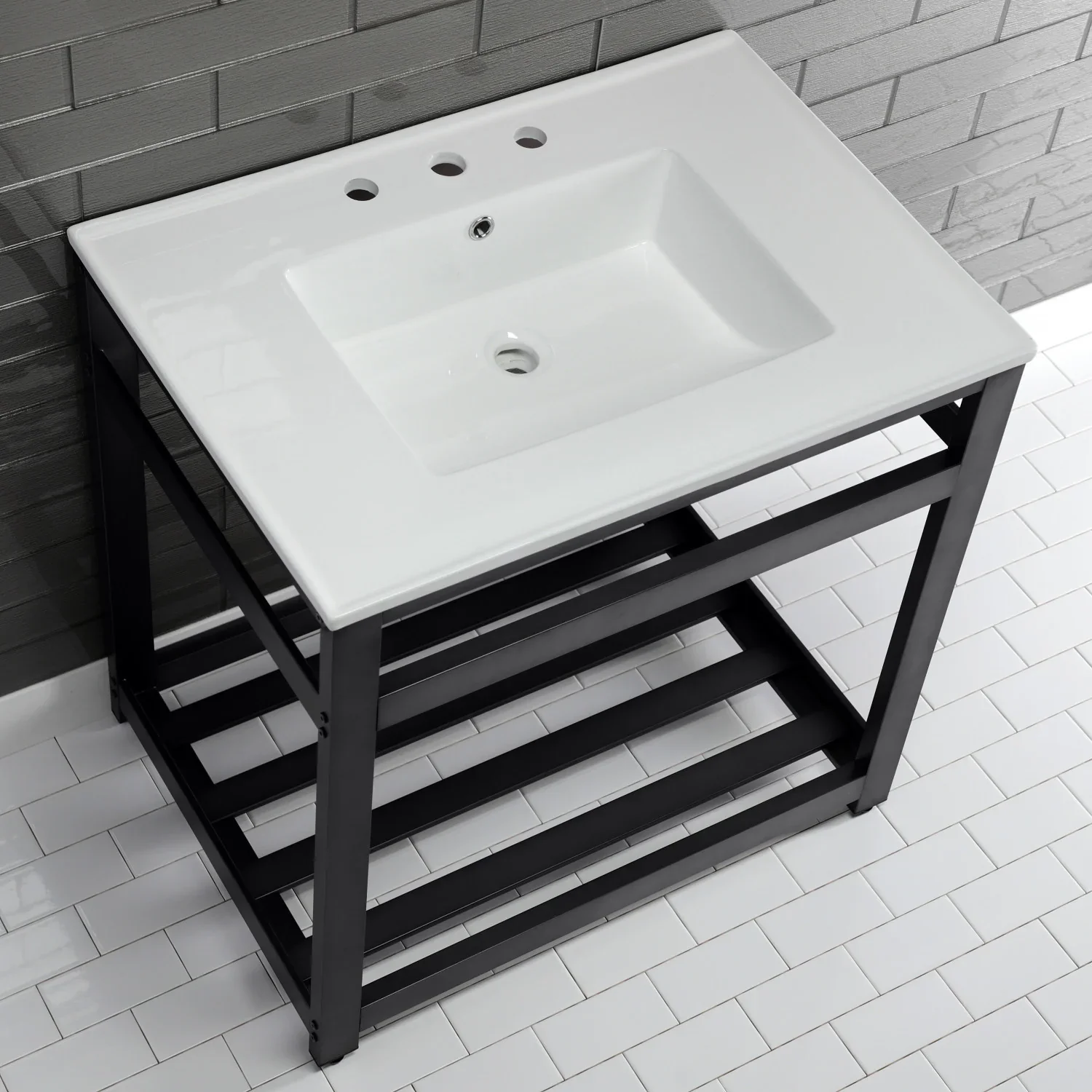 Kingston Brass Quadras 31" Ceramic Console Sink with Steel Base and Shelf (8-Inch, 3-Hole), White/Matte Black (VWP3122W8A0) - Image 4