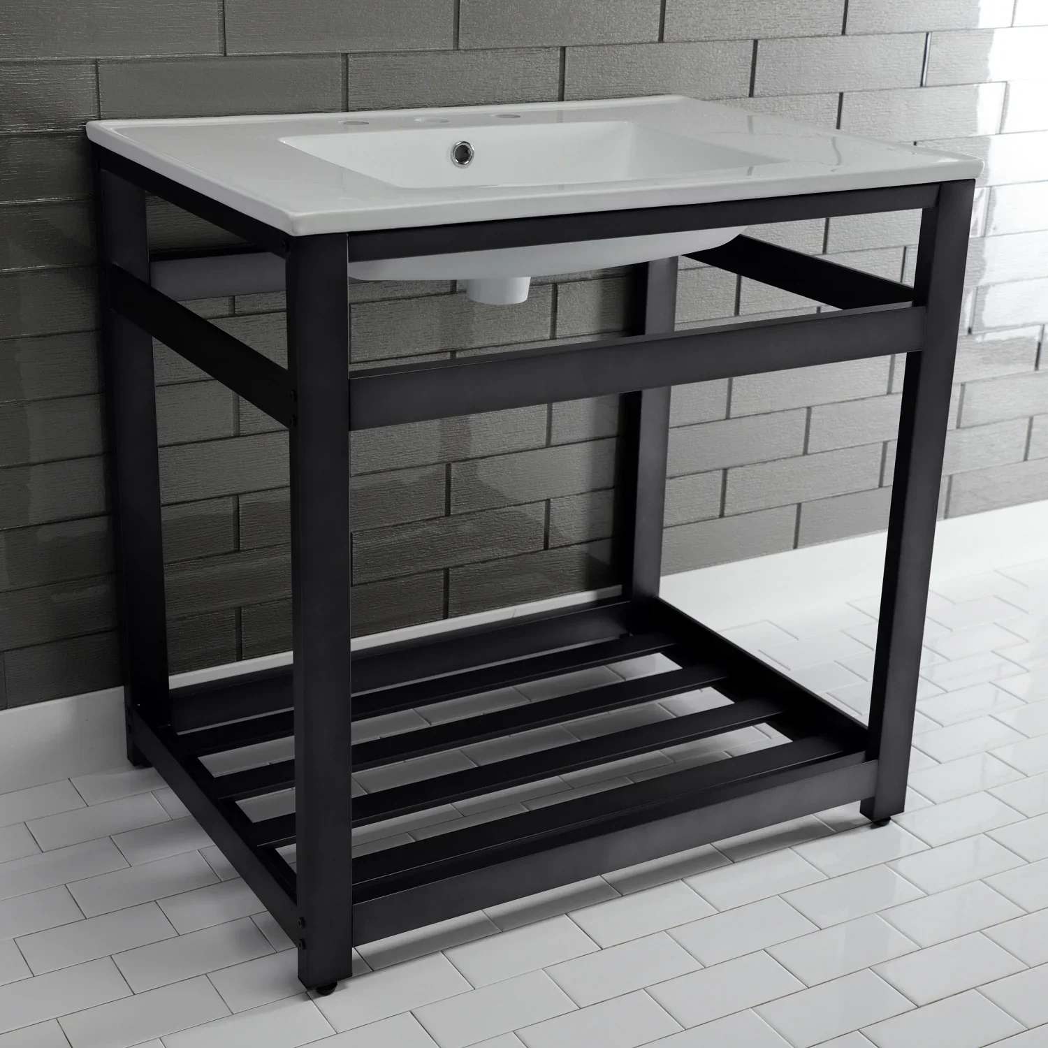 Kingston Brass Quadras 31" Ceramic Console Sink with Steel Base and Shelf (8-Inch, 3-Hole), White/Matte Black (VWP3122W8A0) - Image 5