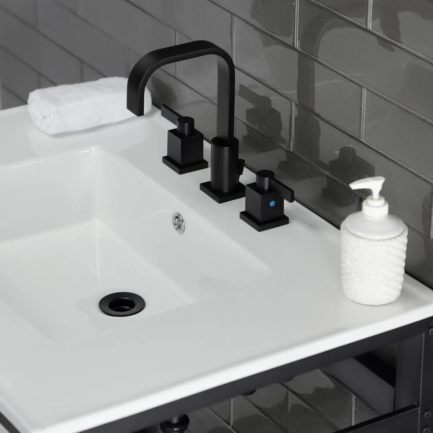 Kingston Brass Quadras 31" Ceramic Console Sink with Steel Base and Shelf (8-Inch, 3-Hole), White/Matte Black (VWP3122W8A0) - Image 6