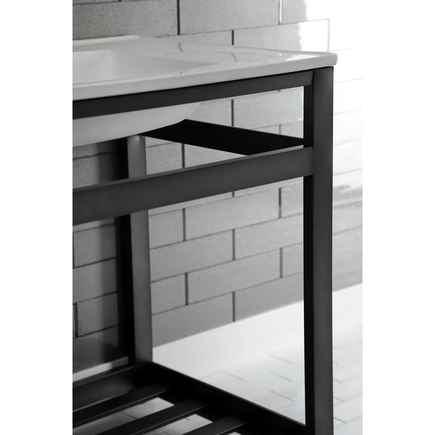 Kingston Brass Quadras 31" Ceramic Console Sink with Steel Base and Shelf (8-Inch, 3-Hole), White/Matte Black (VWP3122W8A0) - Image 8