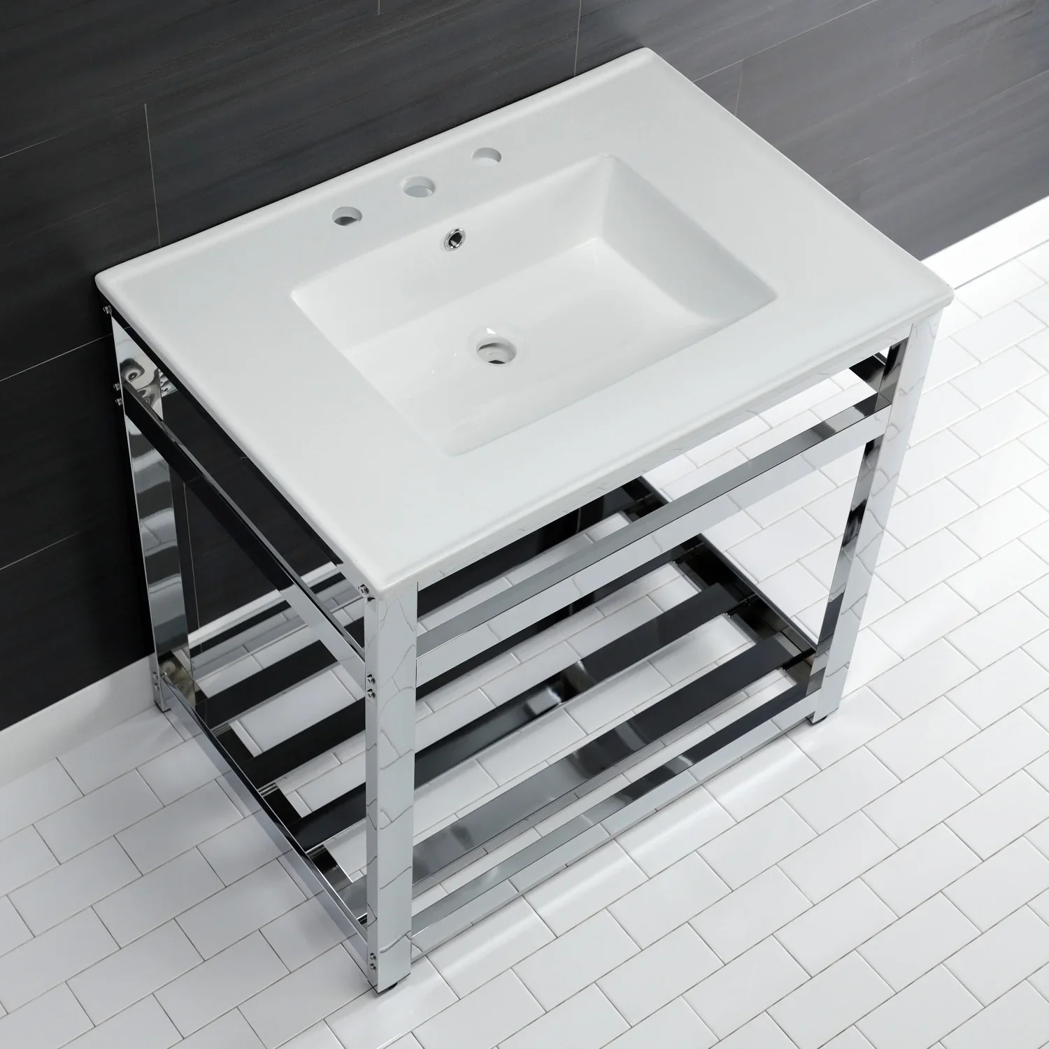 Kingston Brass Quadras 31" Ceramic Console Sink with Steel Base and Shelf (8-Inch, 3-Hole), White/Chrome (VWP3122W8A1) - Image 3