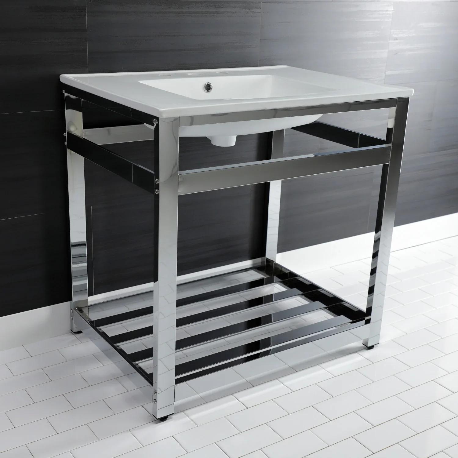 Kingston Brass Quadras 31" Ceramic Console Sink with Steel Base and Shelf (8-Inch, 3-Hole), White/Chrome (VWP3122W8A1) - Image 4