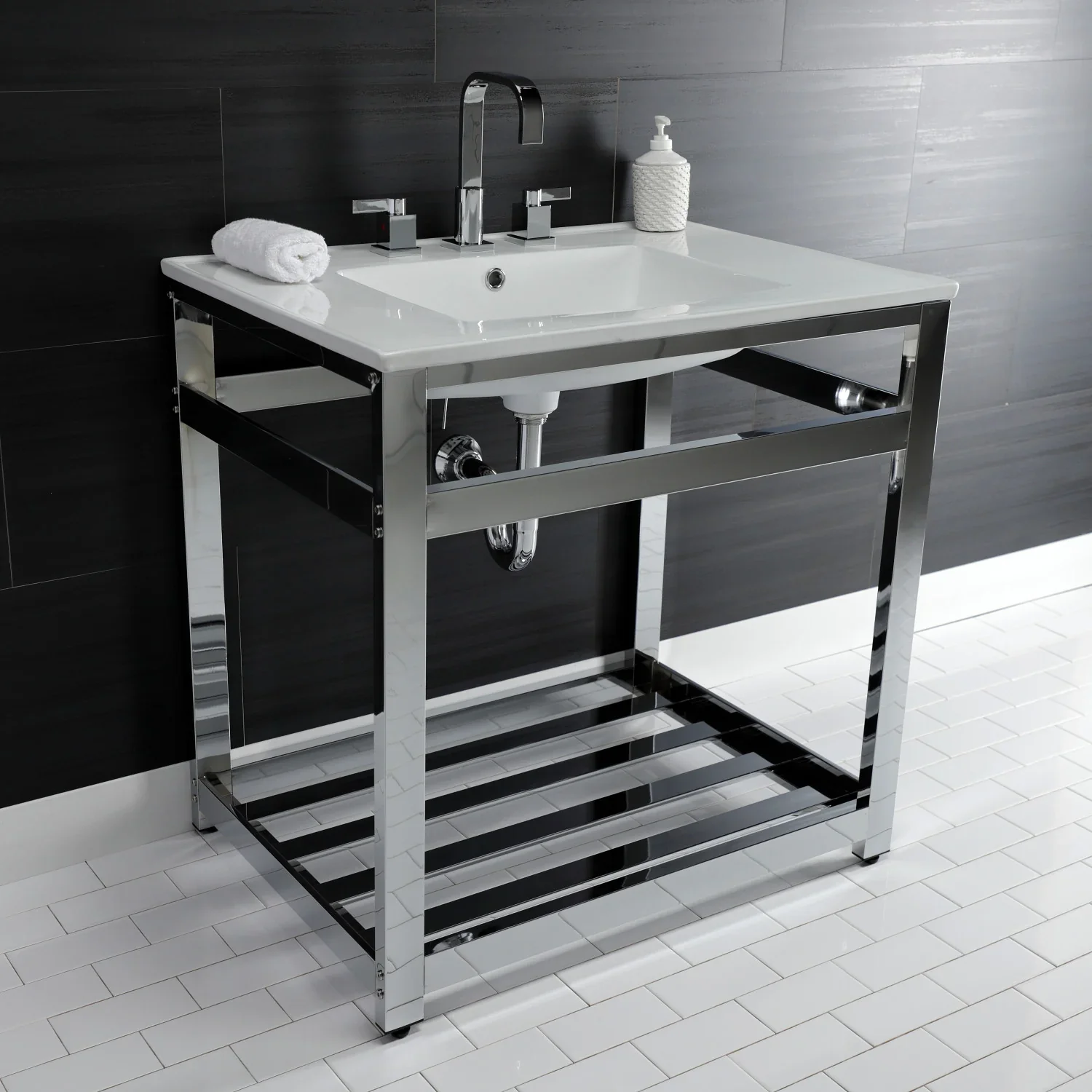 Kingston Brass Quadras 31" Ceramic Console Sink with Steel Base and Shelf (8-Inch, 3-Hole), White/Chrome (VWP3122W8A1) - Image 5