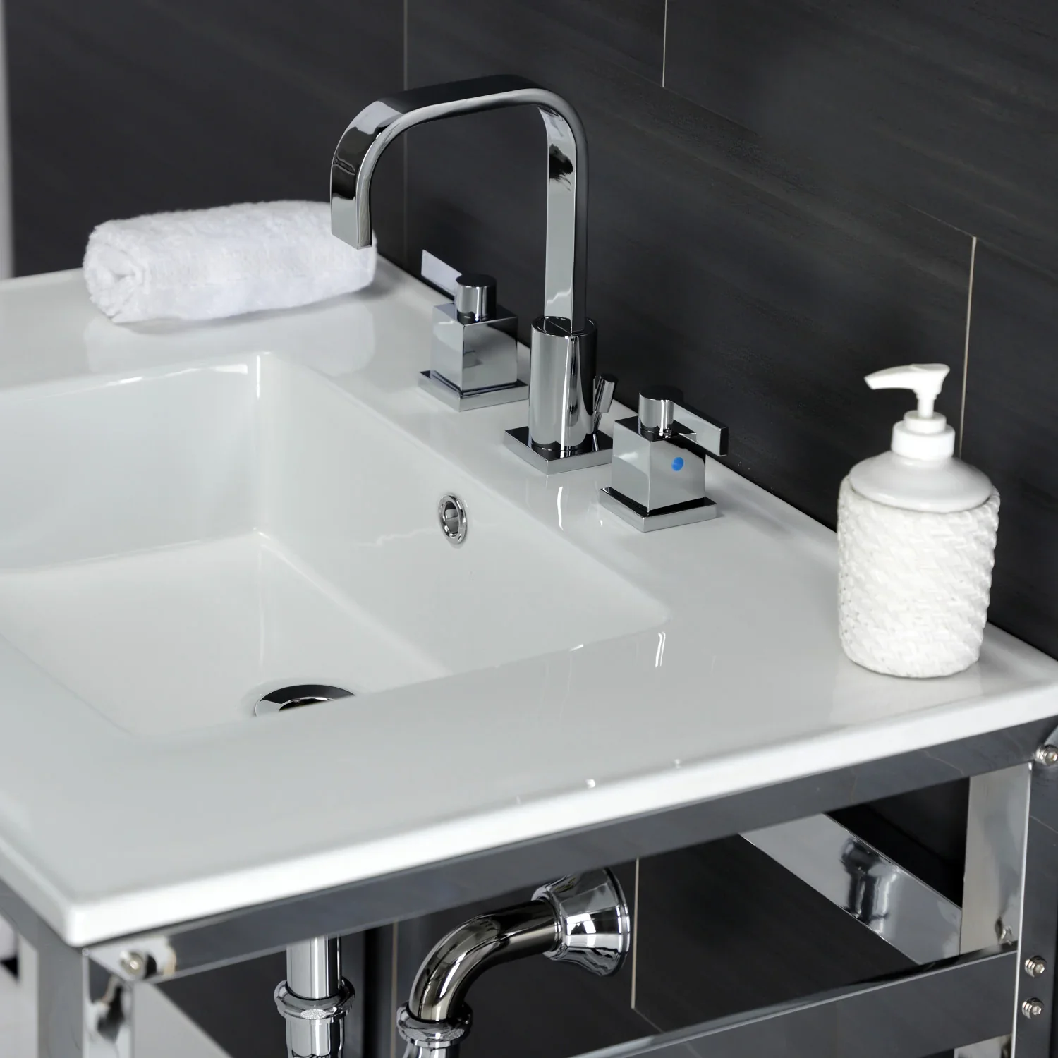 Kingston Brass Quadras 31" Ceramic Console Sink with Steel Base and Shelf (8-Inch, 3-Hole), White/Chrome (VWP3122W8A1) - Image 6