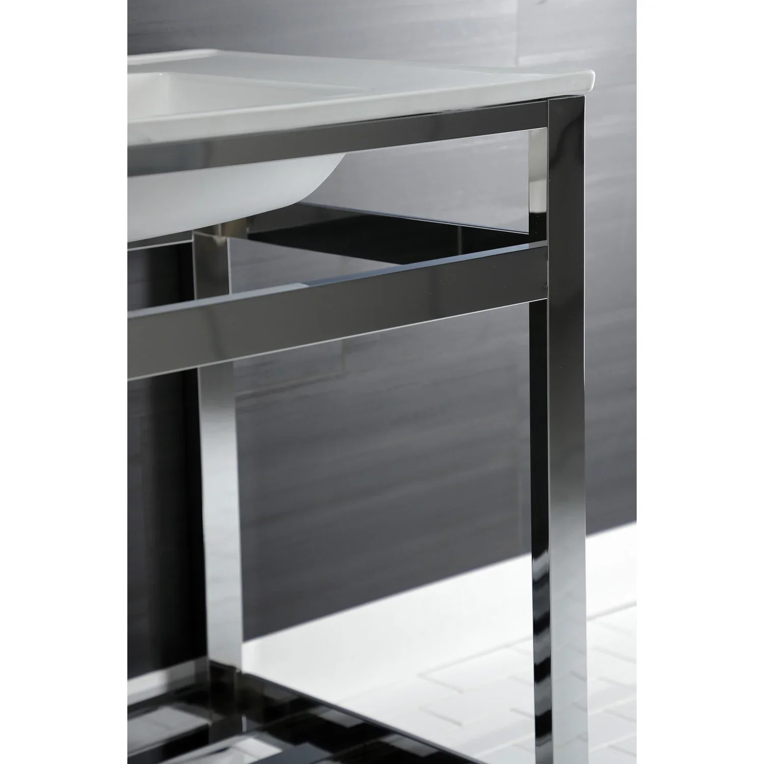 Kingston Brass Quadras 31" Ceramic Console Sink with Steel Base and Shelf (8-Inch, 3-Hole), White/Chrome (VWP3122W8A1) - Image 8