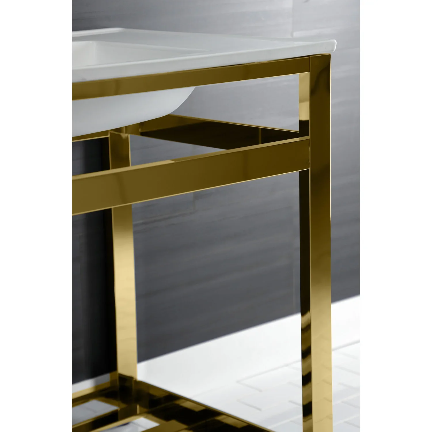 Kingston Brass Quadras 31" Ceramic Console Sink with Steel Base and Shelf (8-Inch, 3-Hole), White/Polished Brass (VWP3122W8A2) - Image 4