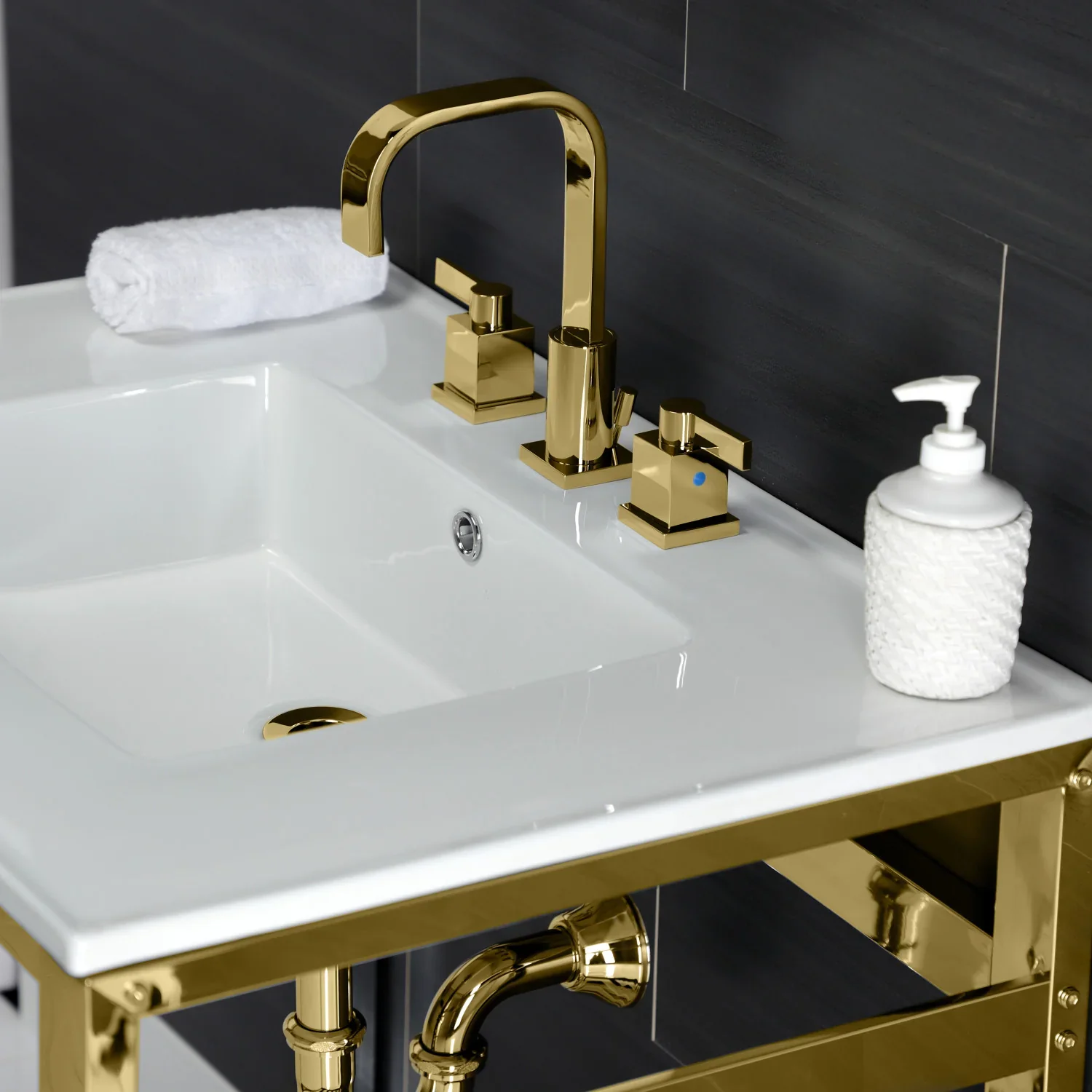Kingston Brass Quadras 31" Ceramic Console Sink with Steel Base and Shelf (8-Inch, 3-Hole), White/Polished Brass (VWP3122W8A2) - Image 5