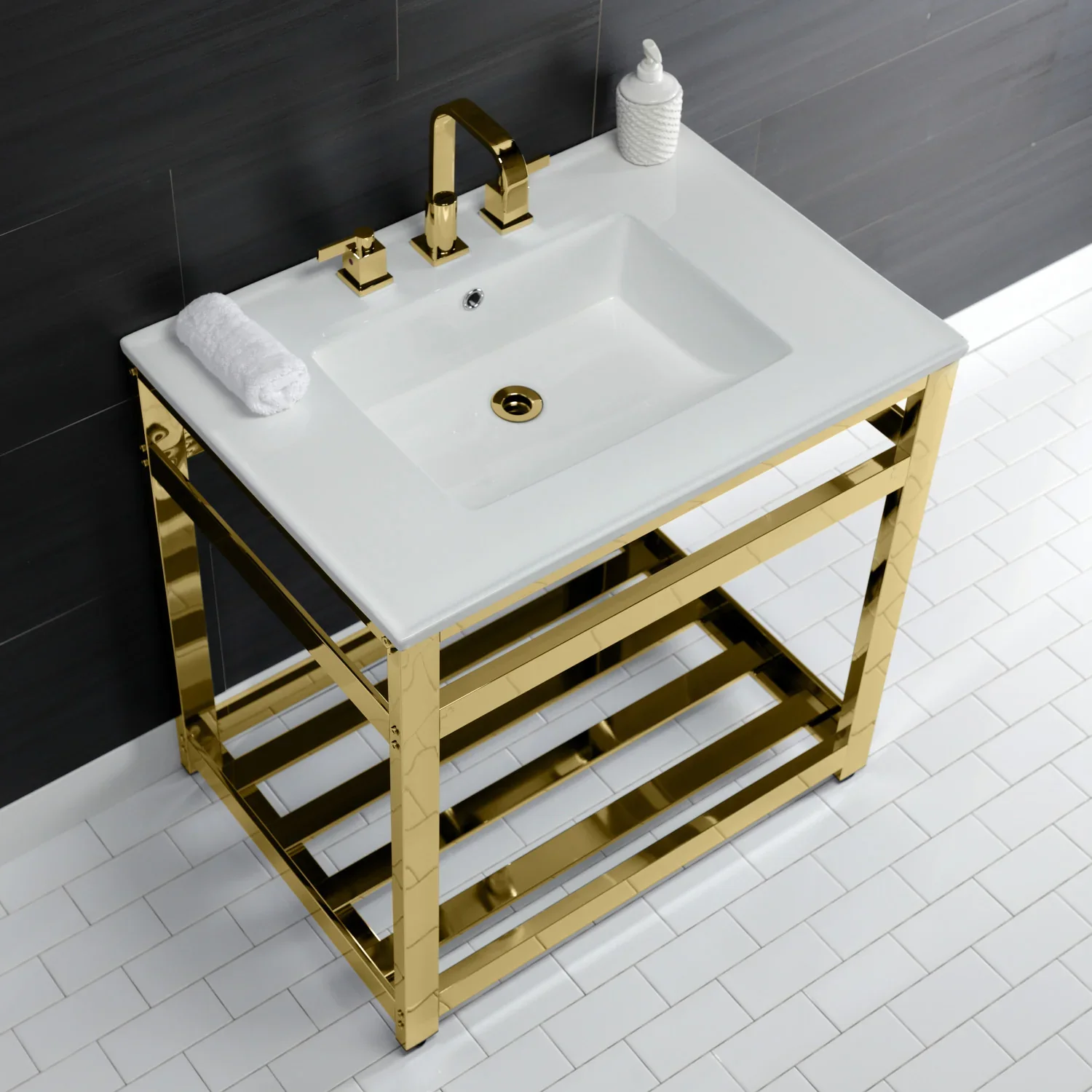 Kingston Brass Quadras 31" Ceramic Console Sink with Steel Base and Shelf (8-Inch, 3-Hole), White/Polished Brass (VWP3122W8A2) - Image 6