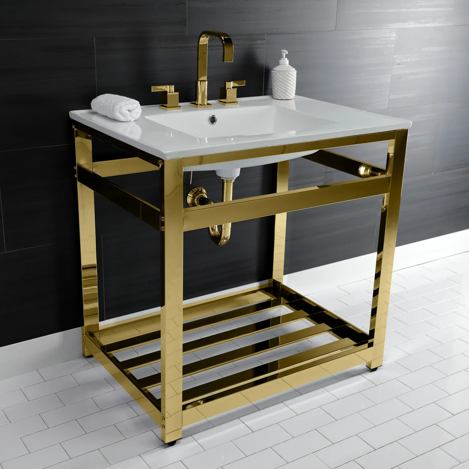 Kingston Brass Quadras 31" Ceramic Console Sink with Steel Base and Shelf (8-Inch, 3-Hole), White/Polished Brass (VWP3122W8A2) - Image 7