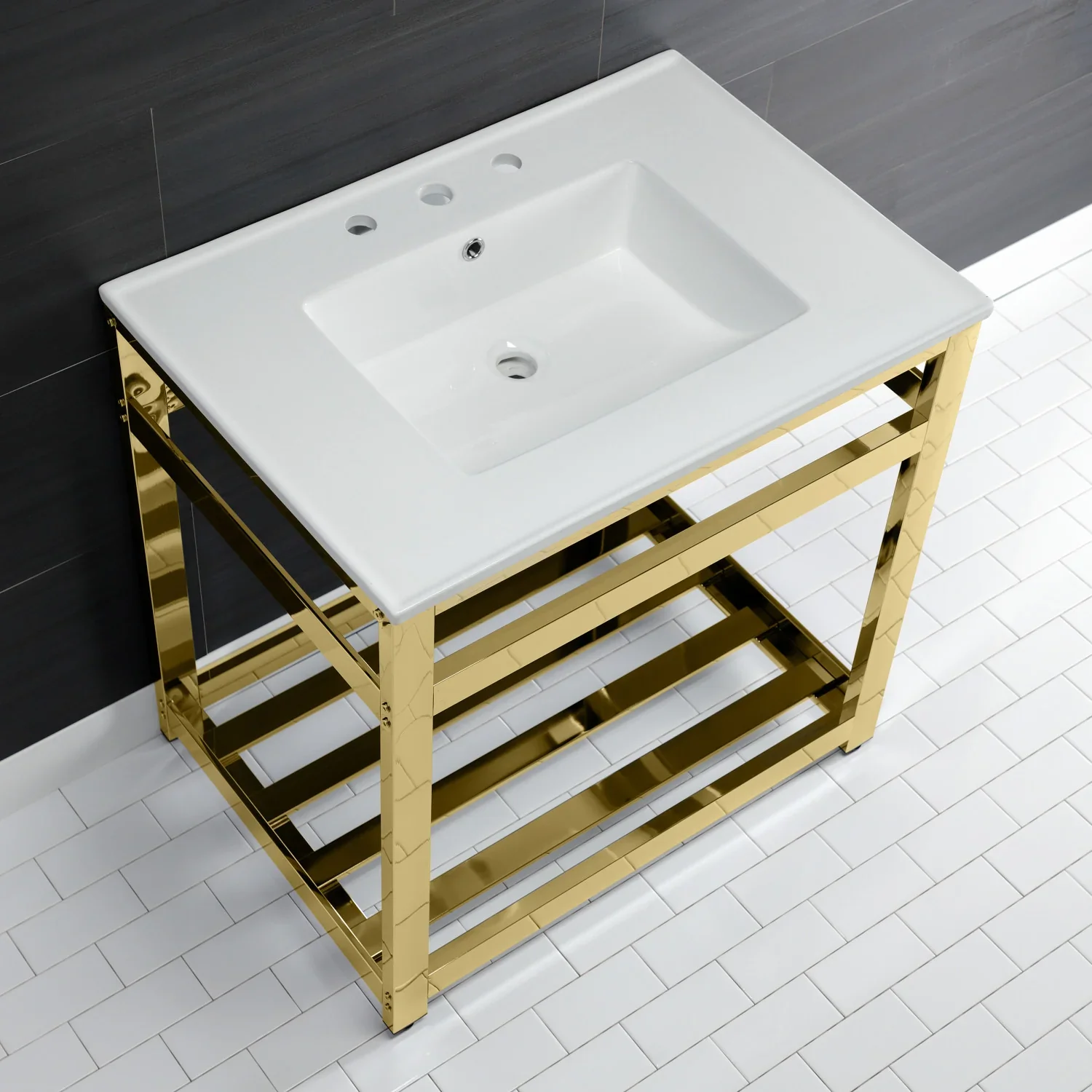 Kingston Brass Quadras 31" Ceramic Console Sink with Steel Base and Shelf (8-Inch, 3-Hole), White/Polished Brass (VWP3122W8A2) - Image 8