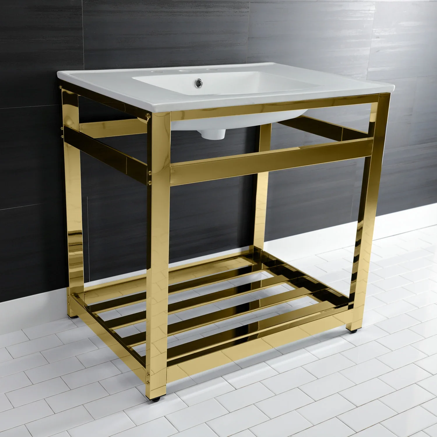 Kingston Brass Quadras 31" Ceramic Console Sink with Steel Base and Shelf (8-Inch, 3-Hole), White/Polished Brass (VWP3122W8A2) - Image 9