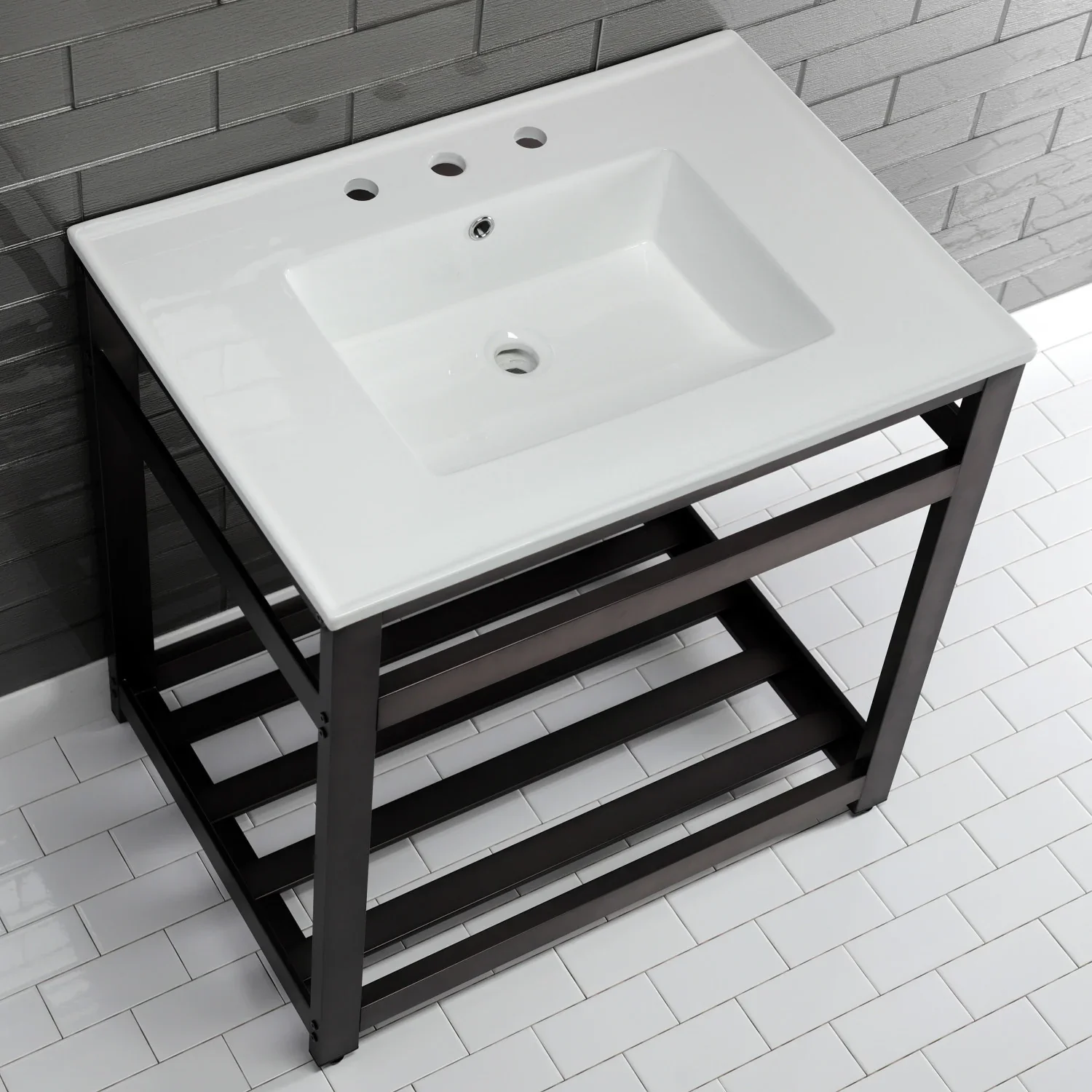 Kingston Brass Quadras 31" Ceramic Console Sink with Steel Base and Shelf (8-Inch, 3-Hole), White/Oil Rubbed Bronze (VWP3122W8A5) - Image 3