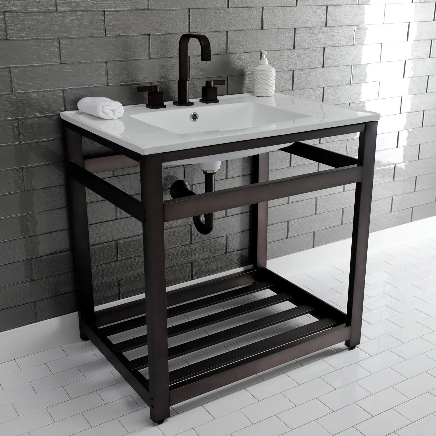 Kingston Brass Quadras 31" Ceramic Console Sink with Steel Base and Shelf (8-Inch, 3-Hole), White/Oil Rubbed Bronze (VWP3122W8A5) - Image 4