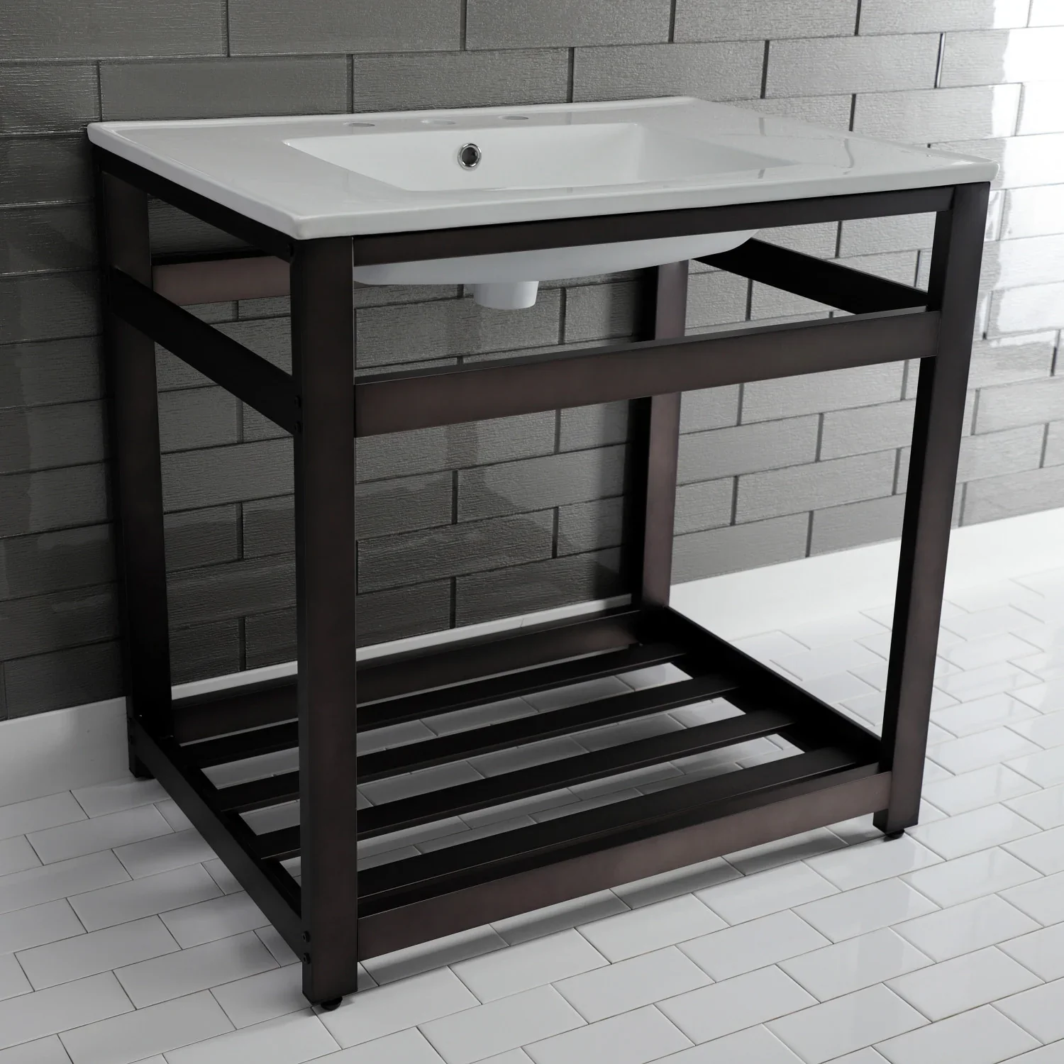 Kingston Brass Quadras 31" Ceramic Console Sink with Steel Base and Shelf (8-Inch, 3-Hole), White/Oil Rubbed Bronze (VWP3122W8A5) - Image 5