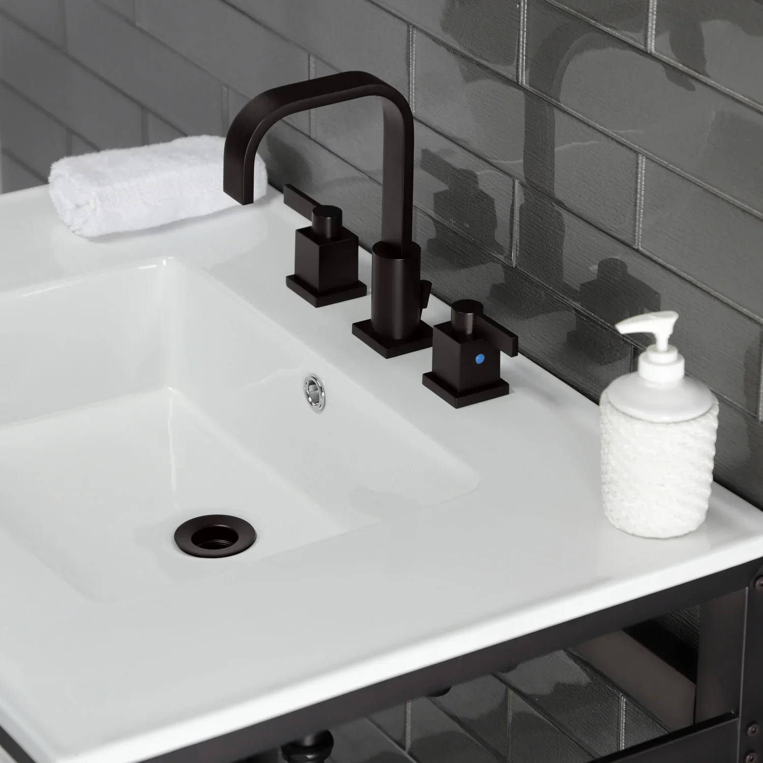 Kingston Brass Quadras 31" Ceramic Console Sink with Steel Base and Shelf (8-Inch, 3-Hole), White/Oil Rubbed Bronze (VWP3122W8A5) - Image 6
