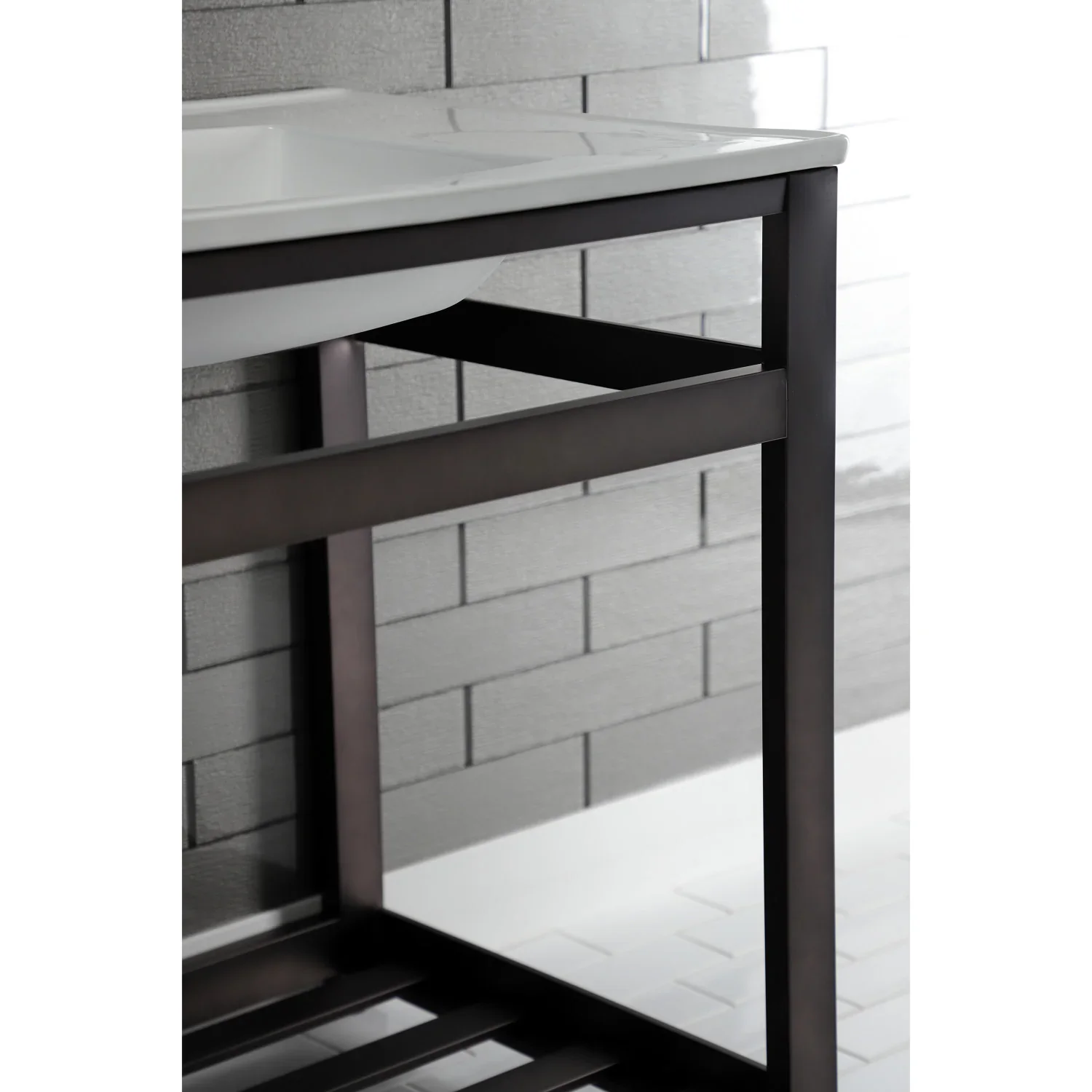 Kingston Brass Quadras 31" Ceramic Console Sink with Steel Base and Shelf (8-Inch, 3-Hole), White/Oil Rubbed Bronze (VWP3122W8A5) - Image 7