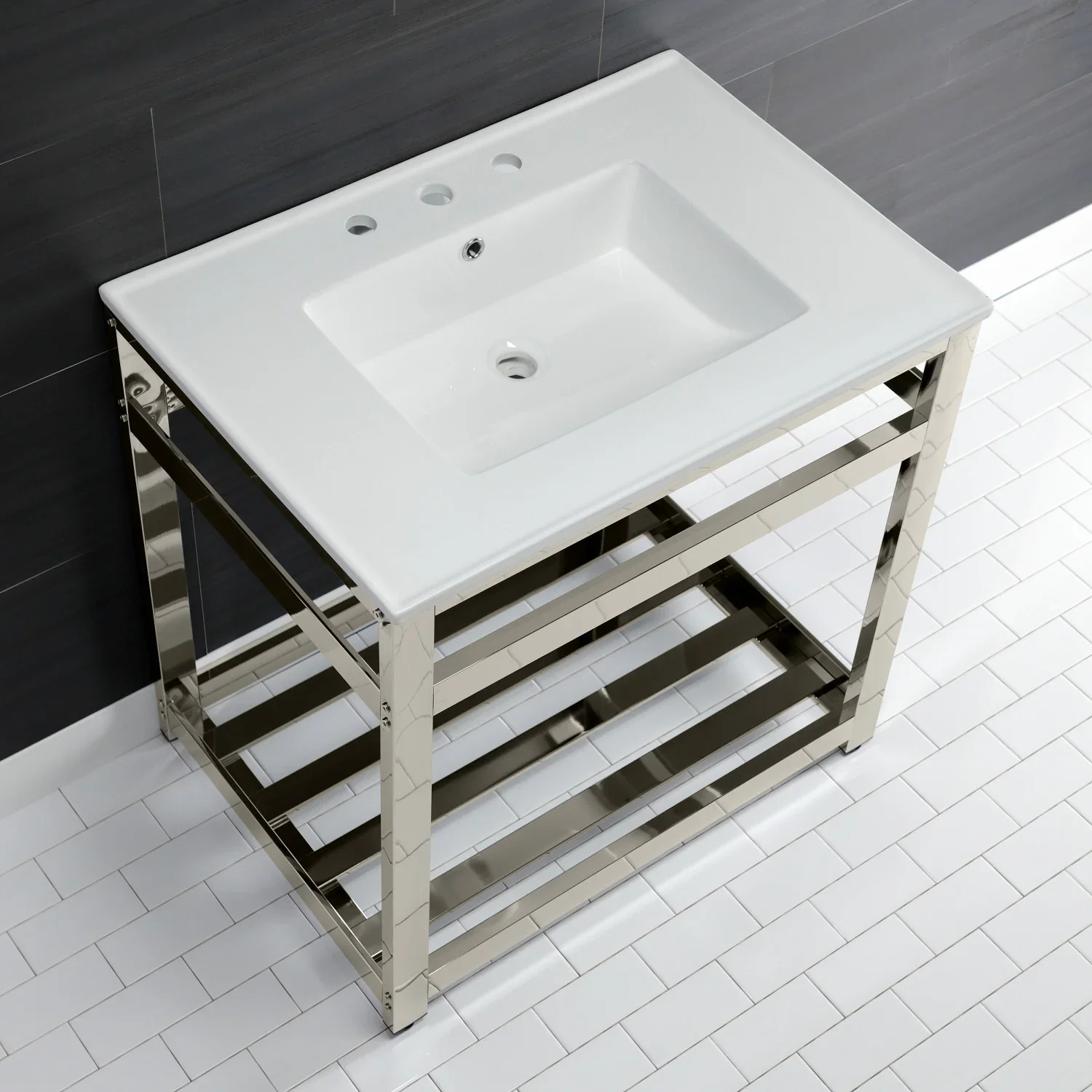 Kingston Brass Quadras 31" Ceramic Console Sink with Steel Base and Shelf (8-Inch, 3-Hole), White/Polished Nickel (VWP3122W8A6) - Image 3