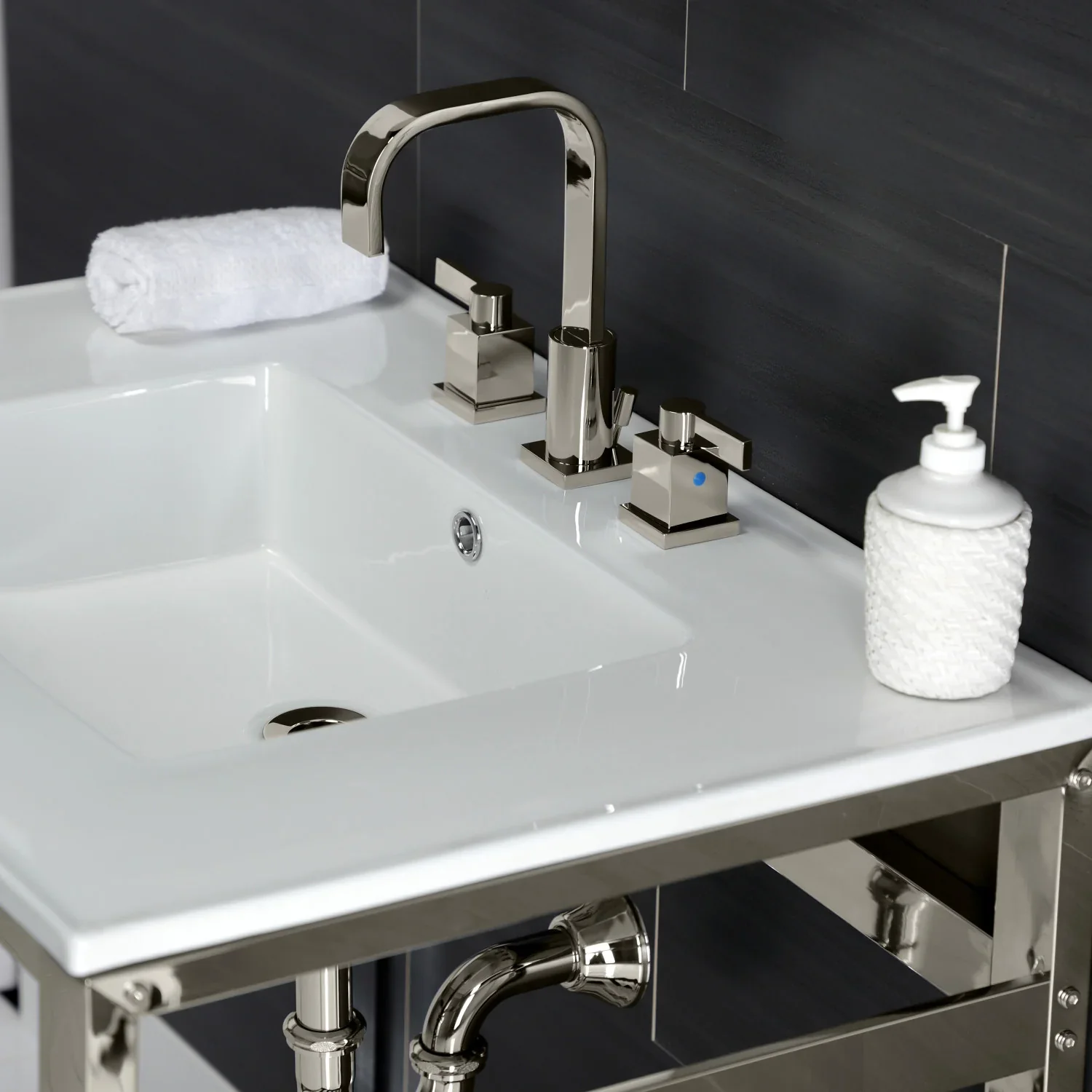 Kingston Brass Quadras 31" Ceramic Console Sink with Steel Base and Shelf (8-Inch, 3-Hole), White/Polished Nickel (VWP3122W8A6) - Image 4
