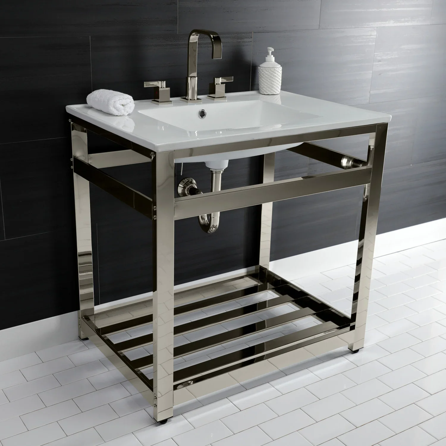 Kingston Brass Quadras 31" Ceramic Console Sink with Steel Base and Shelf (8-Inch, 3-Hole), White/Polished Nickel (VWP3122W8A6) - Image 5