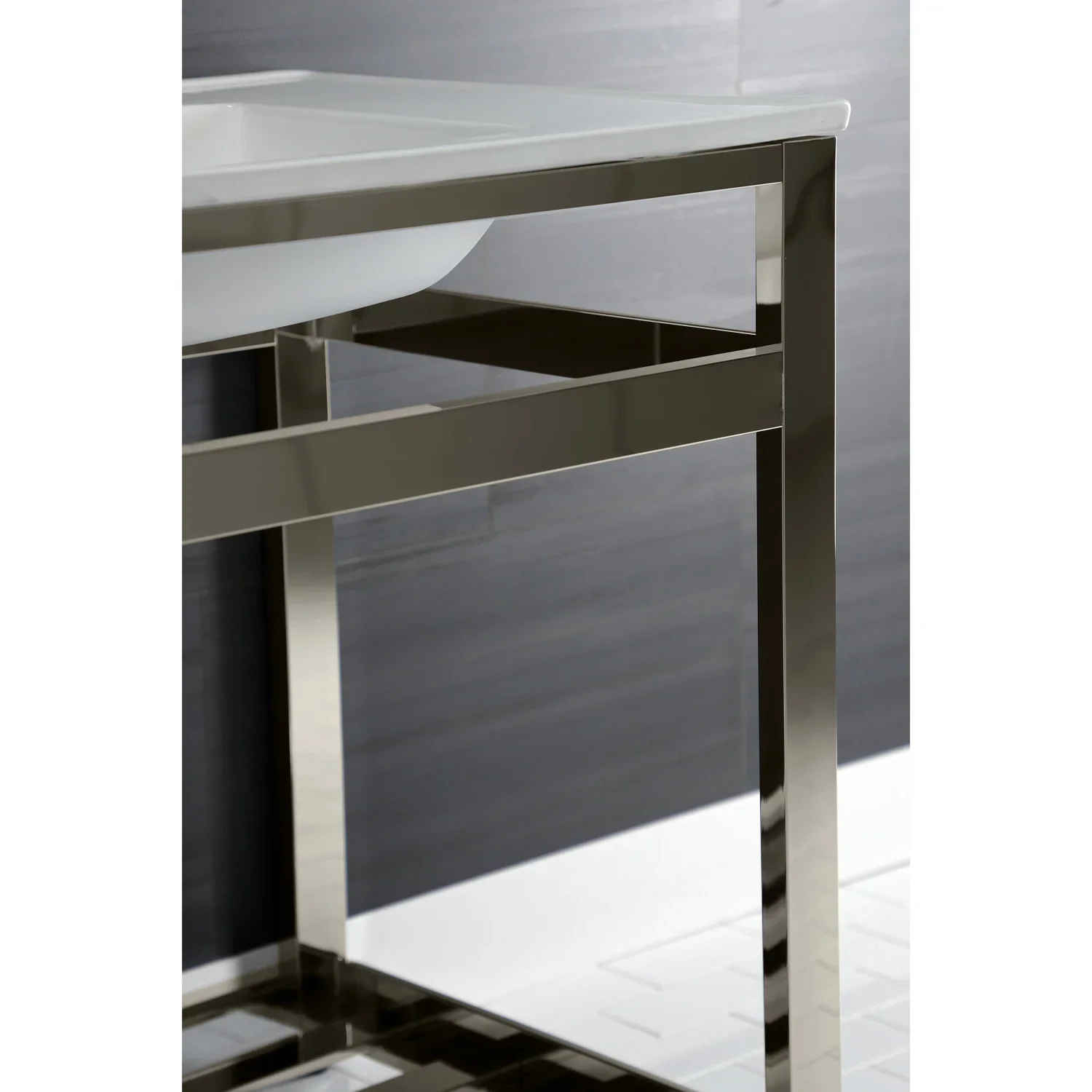 Kingston Brass Quadras 31" Ceramic Console Sink with Steel Base and Shelf (8-Inch, 3-Hole), White/Polished Nickel (VWP3122W8A6) - Image 7