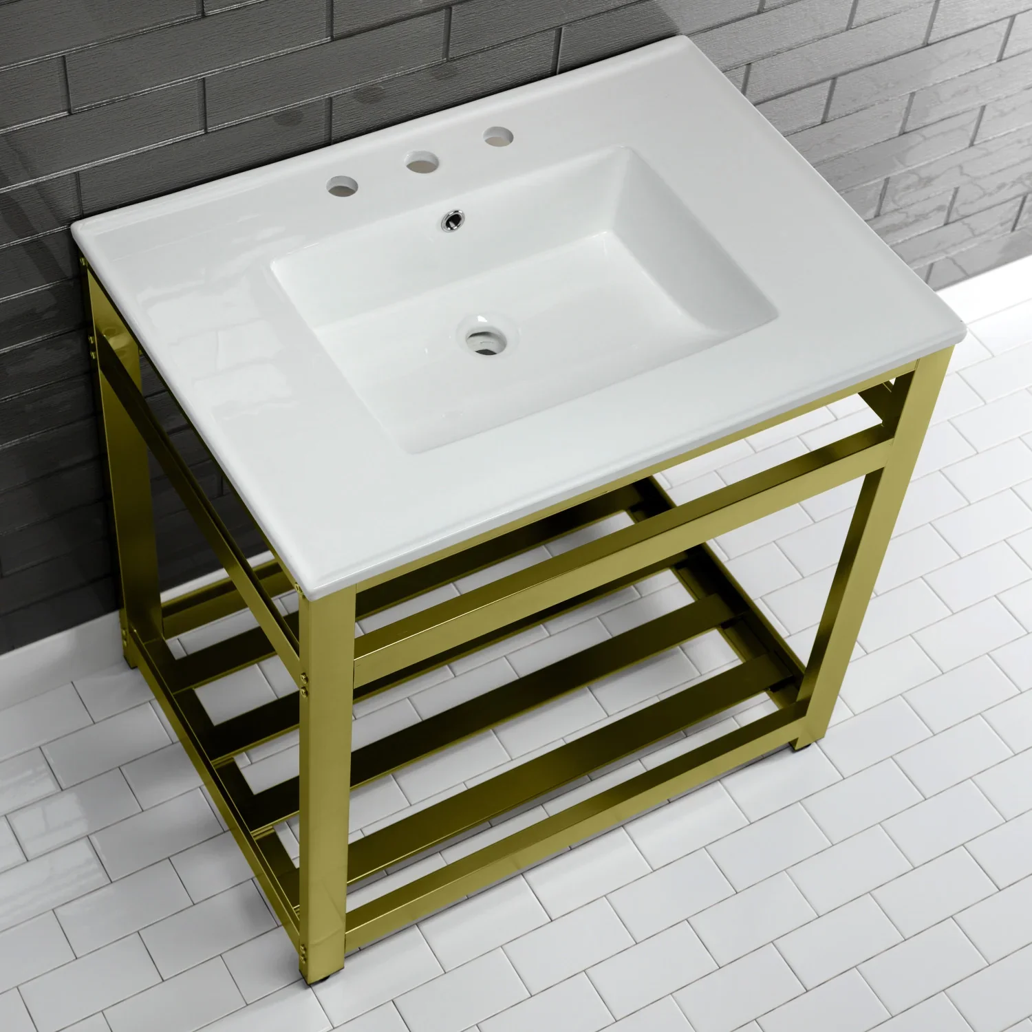 Kingston Brass Quadras 31" Ceramic Console Sink with Steel Base and Shelf (8-Inch, 3-Hole), White/Brushed Brass (VWP3122W8A7) - Image 3