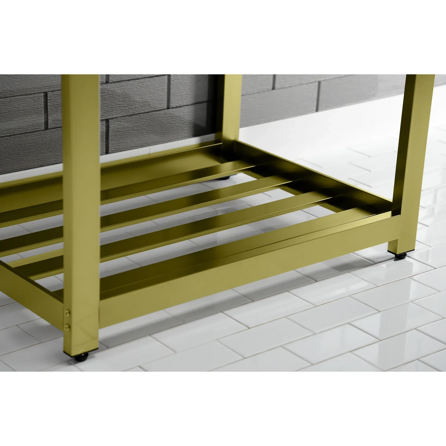 Kingston Brass Quadras 31" Ceramic Console Sink with Steel Base and Shelf (8-Inch, 3-Hole), White/Brushed Brass (VWP3122W8A7) - Image 4