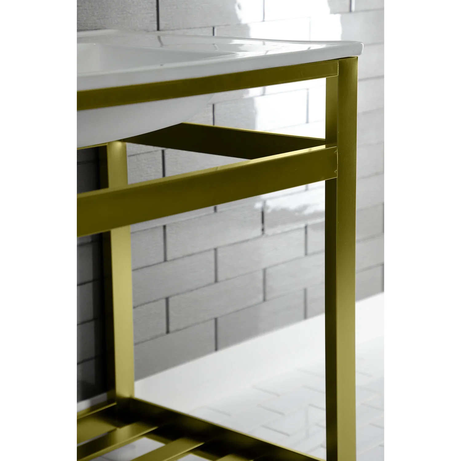 Kingston Brass Quadras 31" Ceramic Console Sink with Steel Base and Shelf (8-Inch, 3-Hole), White/Brushed Brass (VWP3122W8A7) - Image 5