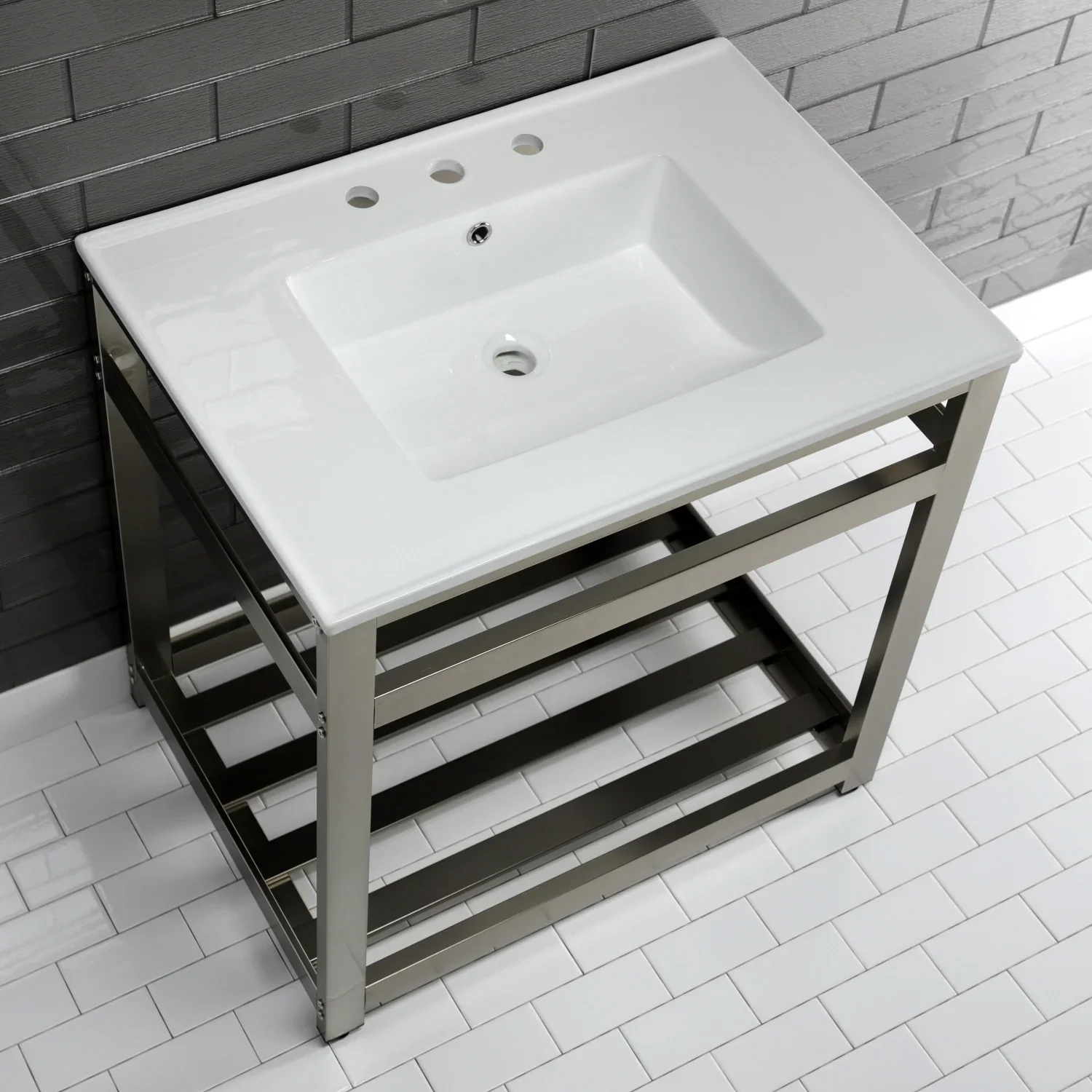 Kingston Brass Quadras 31" Ceramic Console Sink with Steel Base and Shelf (8-Inch, 3-Hole), White/Brushed Nickel (VWP3122W8A8) - Image 3