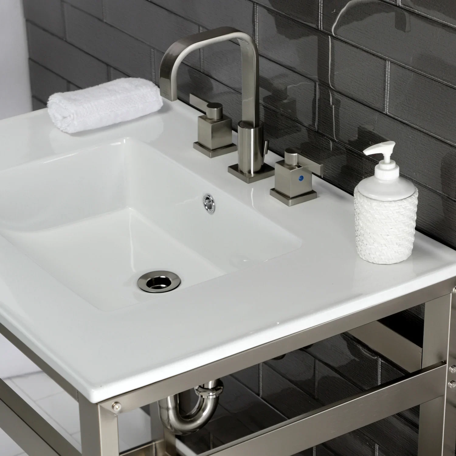 Kingston Brass Quadras 31" Ceramic Console Sink with Steel Base and Shelf (8-Inch, 3-Hole), White/Brushed Nickel (VWP3122W8A8) - Image 4