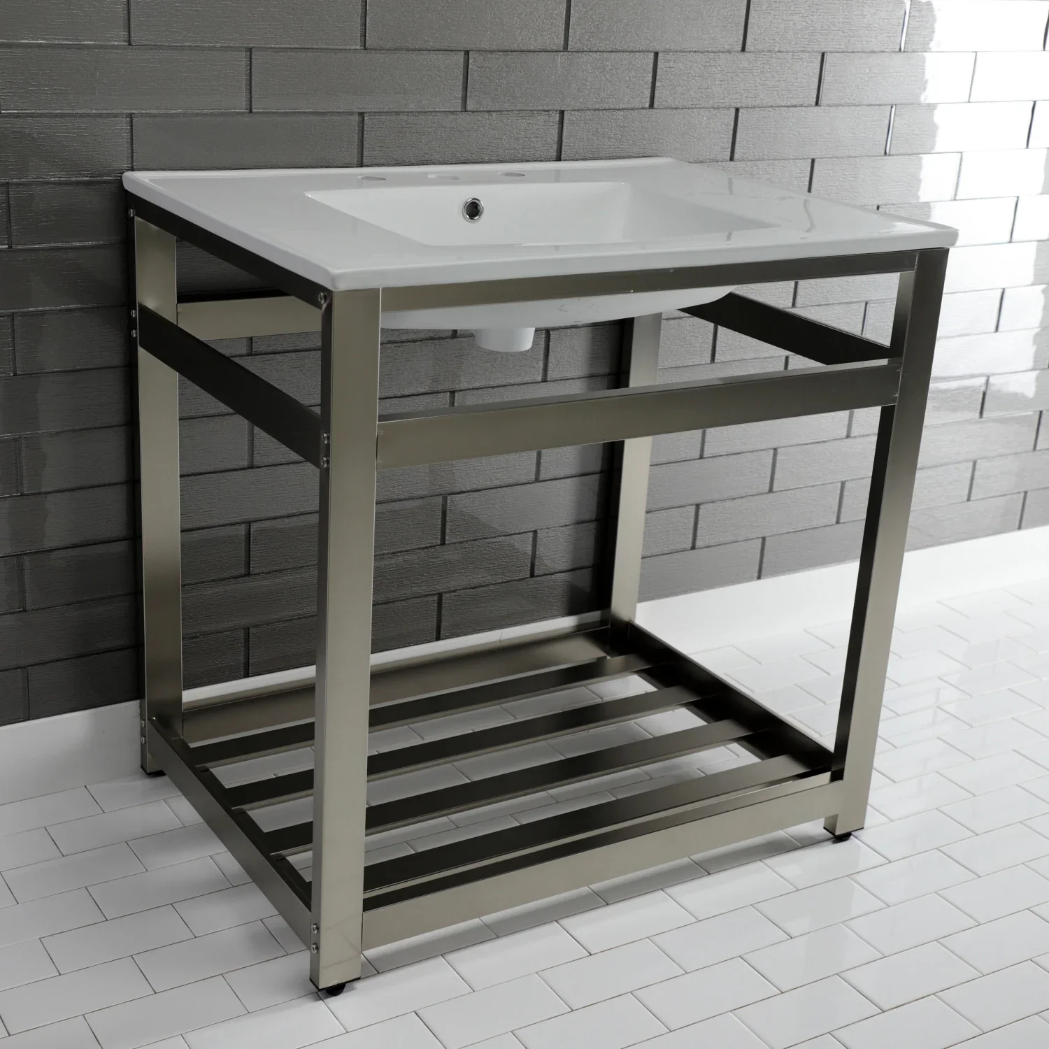 Kingston Brass Quadras 31" Ceramic Console Sink with Steel Base and Shelf (8-Inch, 3-Hole), White/Brushed Nickel (VWP3122W8A8) - Image 5