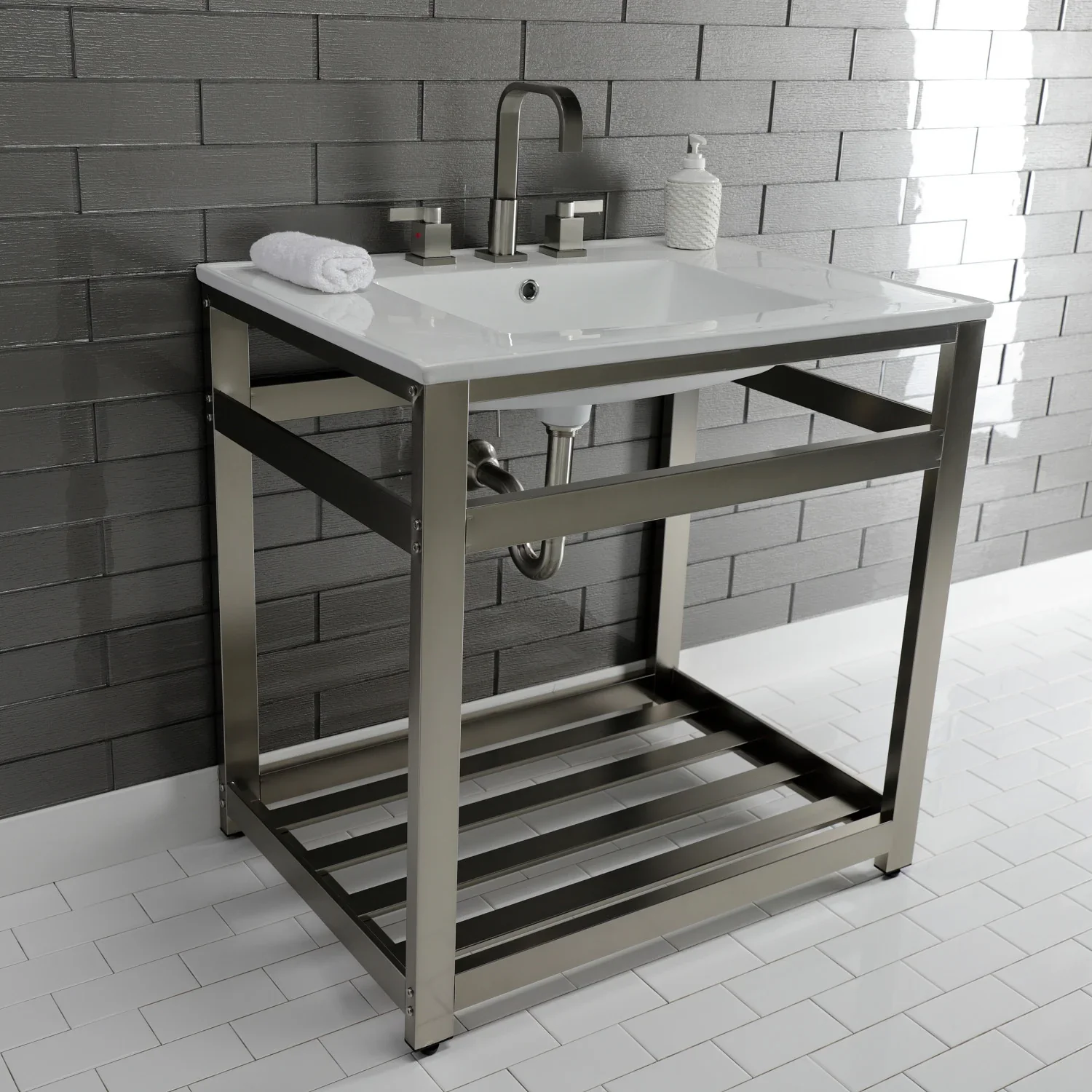 Kingston Brass Quadras 31" Ceramic Console Sink with Steel Base and Shelf (8-Inch, 3-Hole), White/Brushed Nickel (VWP3122W8A8) - Image 6