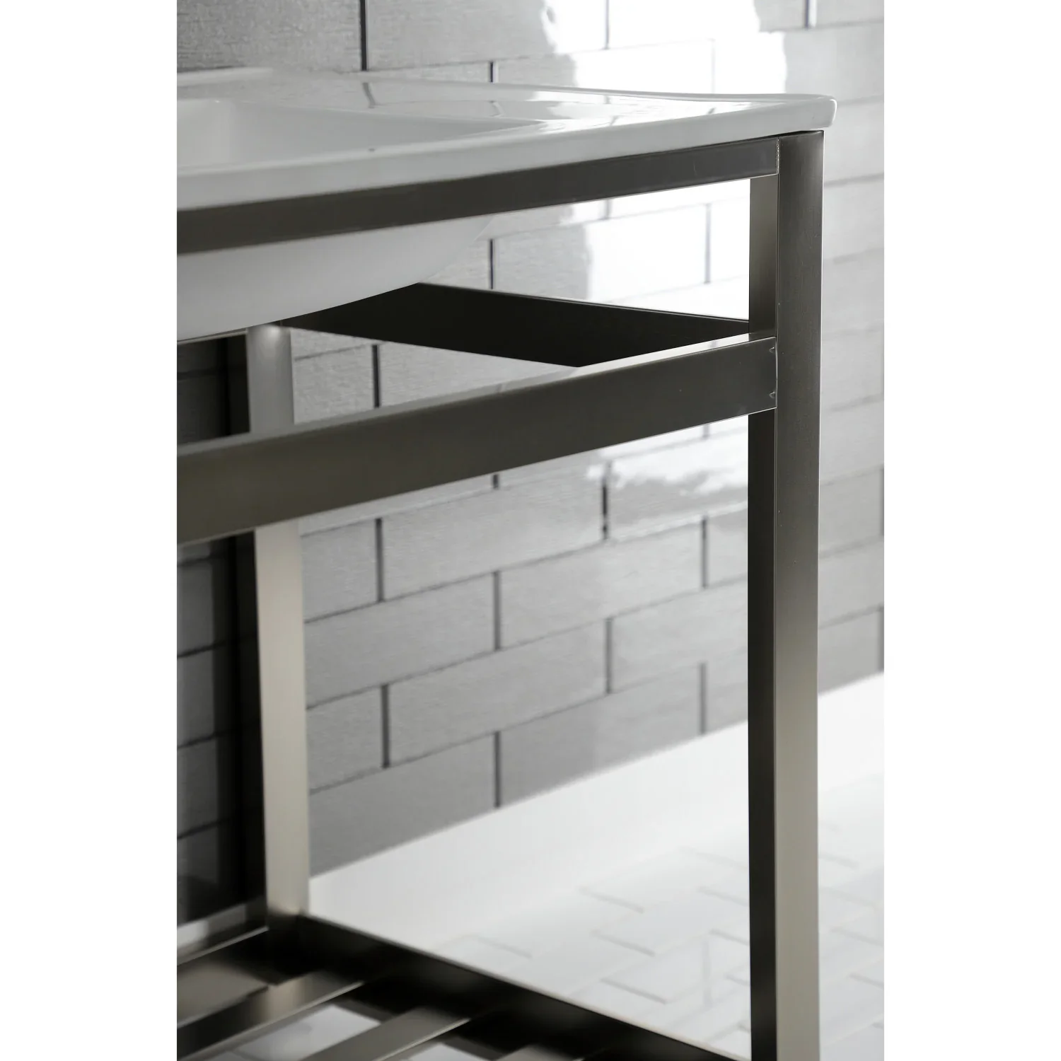 Kingston Brass Quadras 31" Ceramic Console Sink with Steel Base and Shelf (8-Inch, 3-Hole), White/Brushed Nickel (VWP3122W8A8) - Image 7